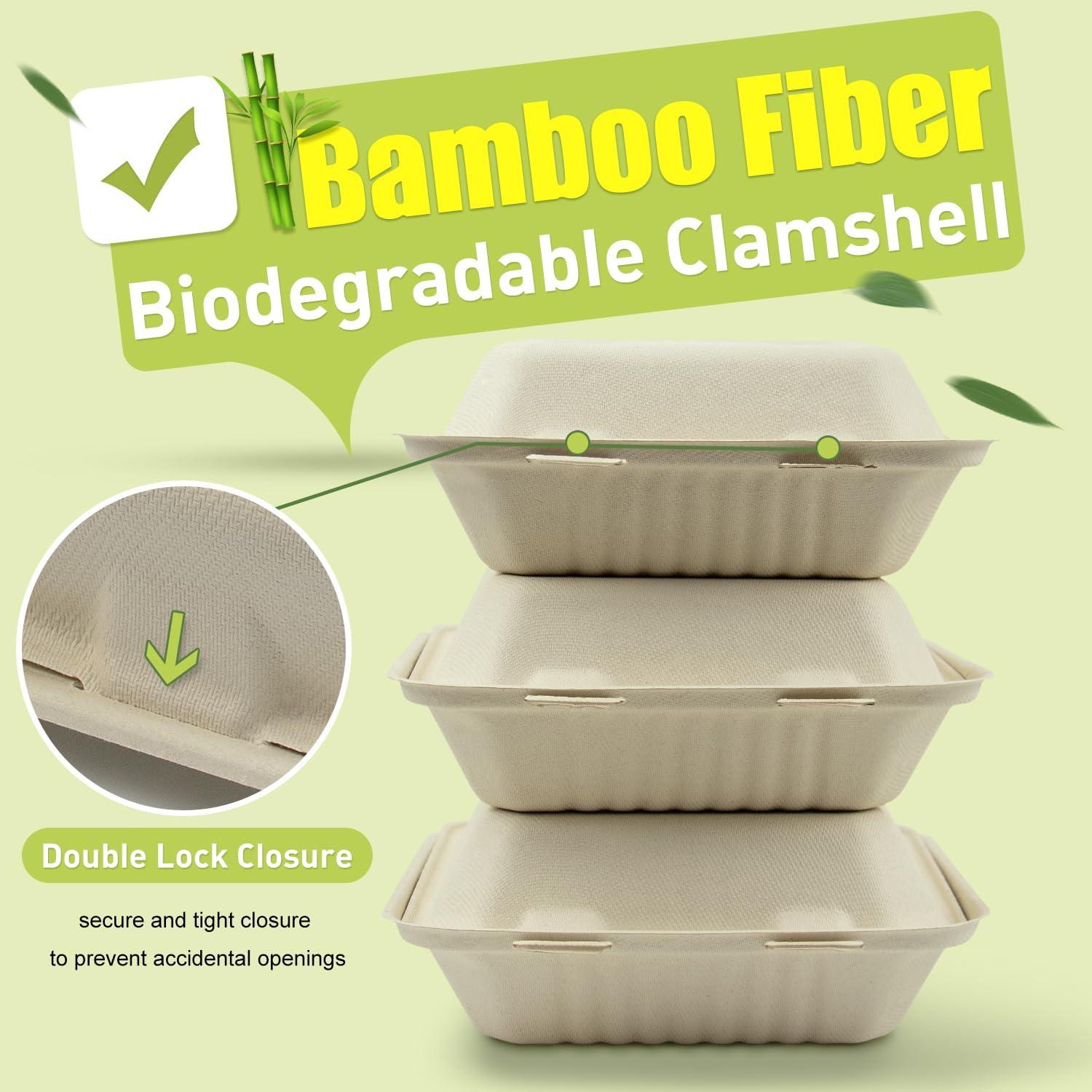 Green Earth, Cajas de comida para llevar de 8 pulgadas, 50 unidades, 1 compartimento, cubierta compostable, utensilios BAM (fibra de bambú), recipientes biodegradables, tapa con bisagras, apto para