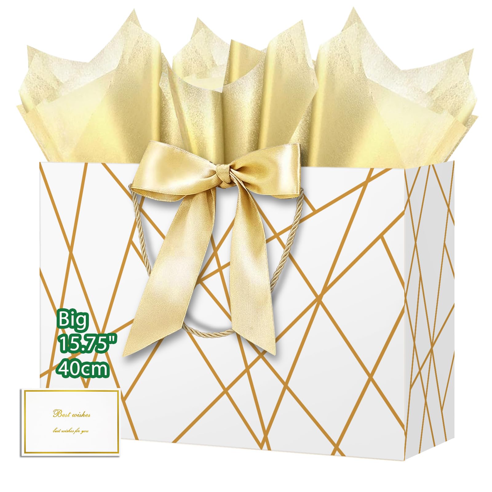 HONTIUS 15.75'' Extra Large Gift Bag,1pcs Vertical Gift Bags for Presents Big Paper Bag with Tissue Paper Cards Bows, 40*30*12.5cm Wedding Chrismas Birthday Party Present Bridesmaid Gift Gifts Bag Q