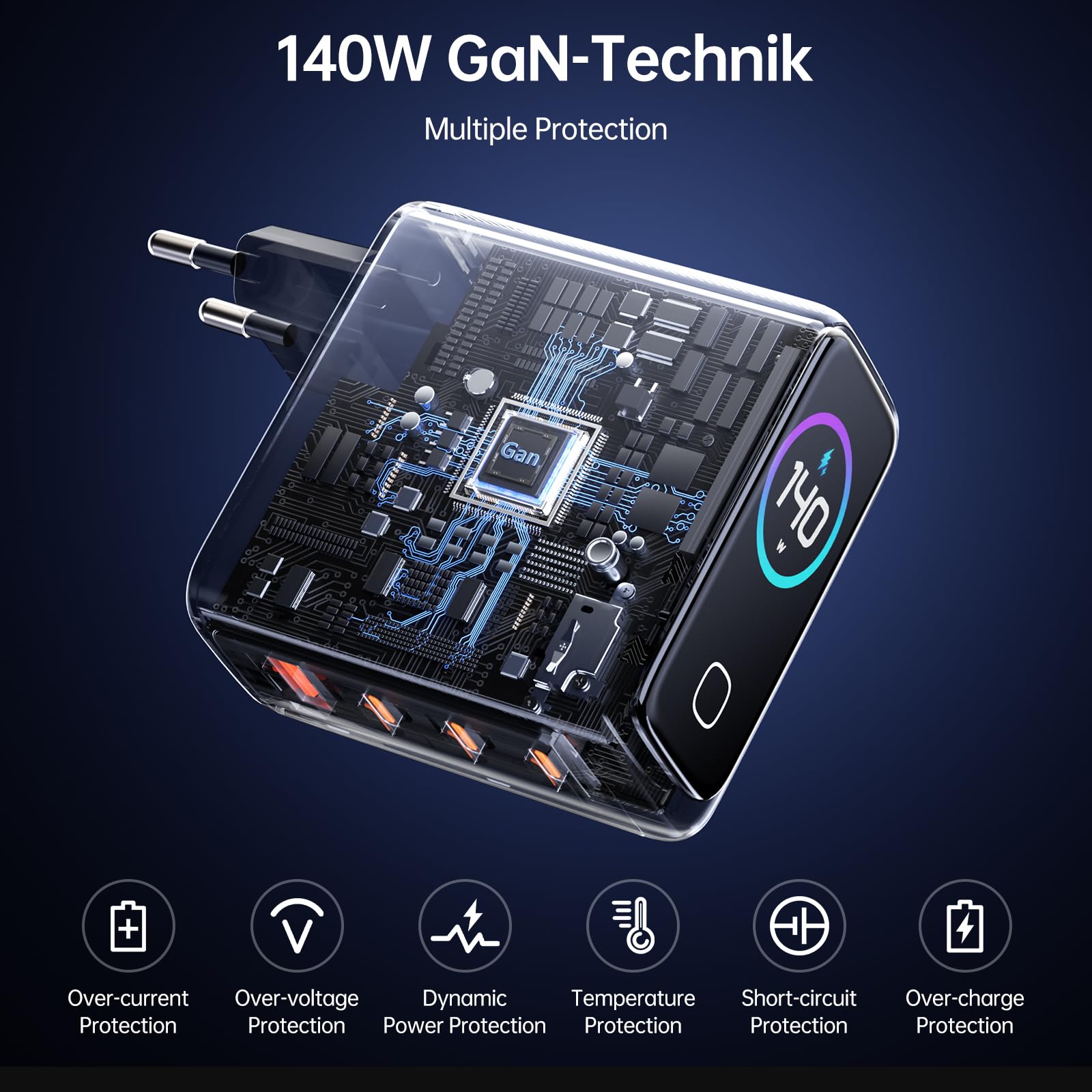 Hichain Caricatore USB C da 140 W, caricatore per laptop, 4 porte, ricarica rapida, alimentatore GaN avanzato, ricarica ultra veloce da 140 W a 1, controllo PortTouch