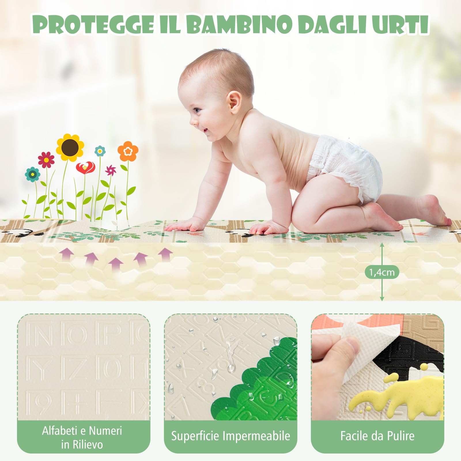 COSTWAY Tappeto Gioco per Bambini Pieghevole, Tappeto per Pavimento Grande da 200 x 180 cm con Borsa da Trasporto per Interni ed Esterni, Tappeto Impermeabile e Reversibile per Bambini, Neonati