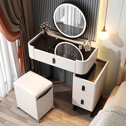 Vanity Desk with Mirror and Drawers, White Vanity with Mirror, Wooden Makeup Desk for Bedroom Dressing Room, with Adjustable Brightness Mirror,White