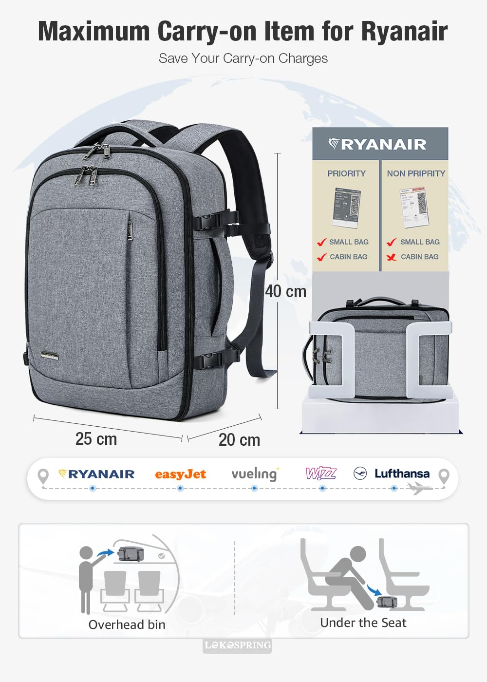 Lekespring Zaino Ryanair 40x20x25 - Zaino da Viaggio Aereo Bagaglio a Mano per Donne e Uomini, Bagaglio a Mano 40x20x25 Ryanair, Borsa Cabina con 6 Sacchetti Organizzatori per Scuola D'affari Casual