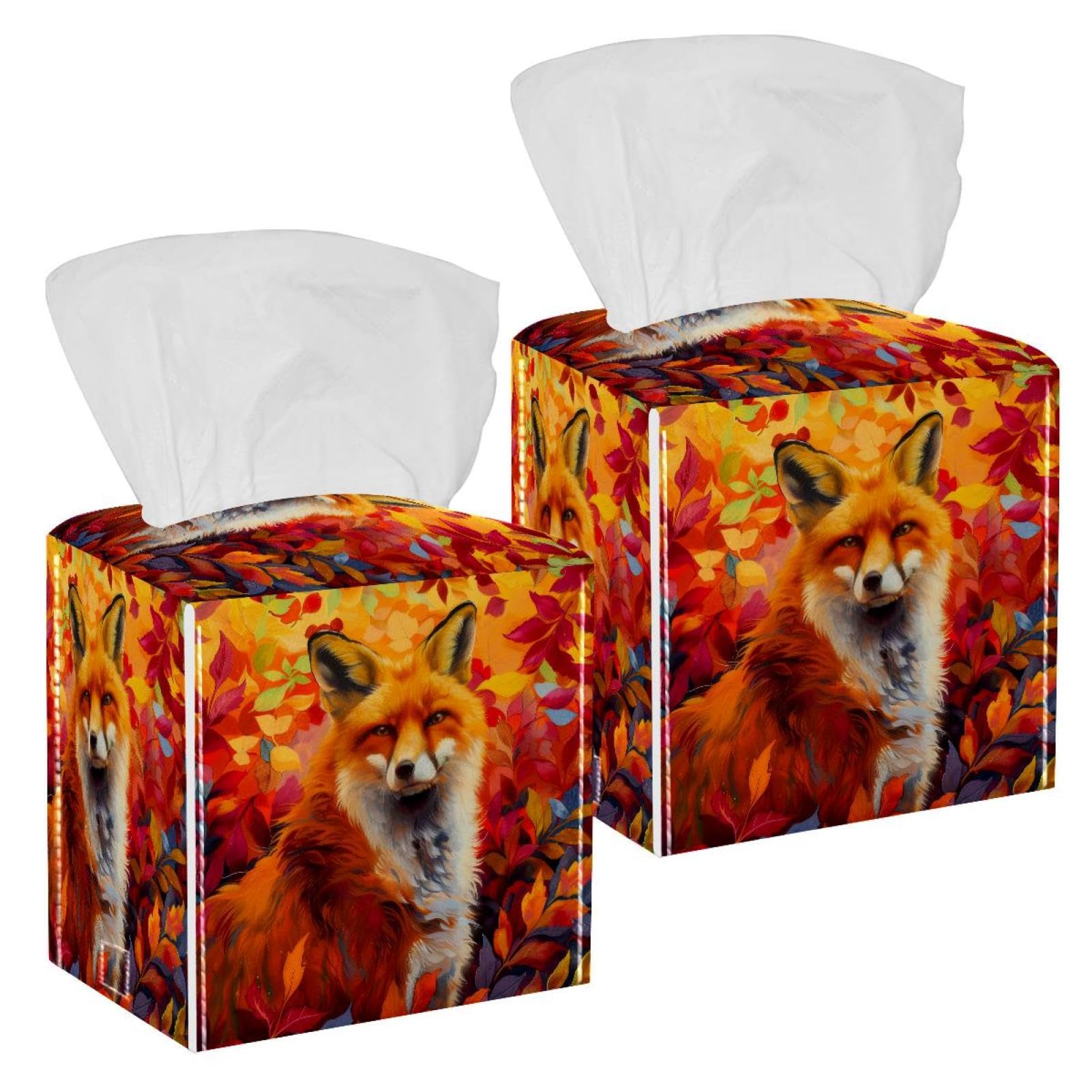 Autumn Fox Tissue Box Cover, 2 Pack PU Leather Square Facial Tissue Dispenser Box holder for Home Office Car
