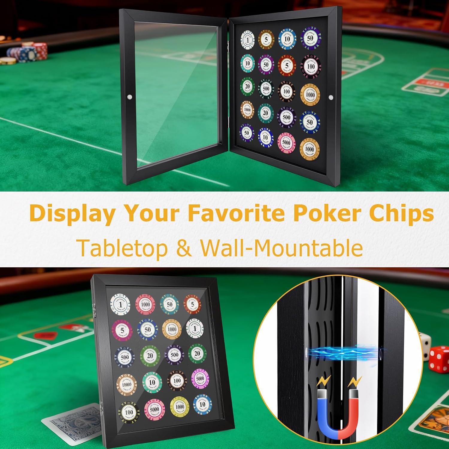 Poker Chip Display Case Frame for 20 Chips, Magnetic Front-Opening Display Case,Wall-Mount Or Tabletop Display with Hinged,Poker Chip Holder for Casino Collector 11.8" X9.8in