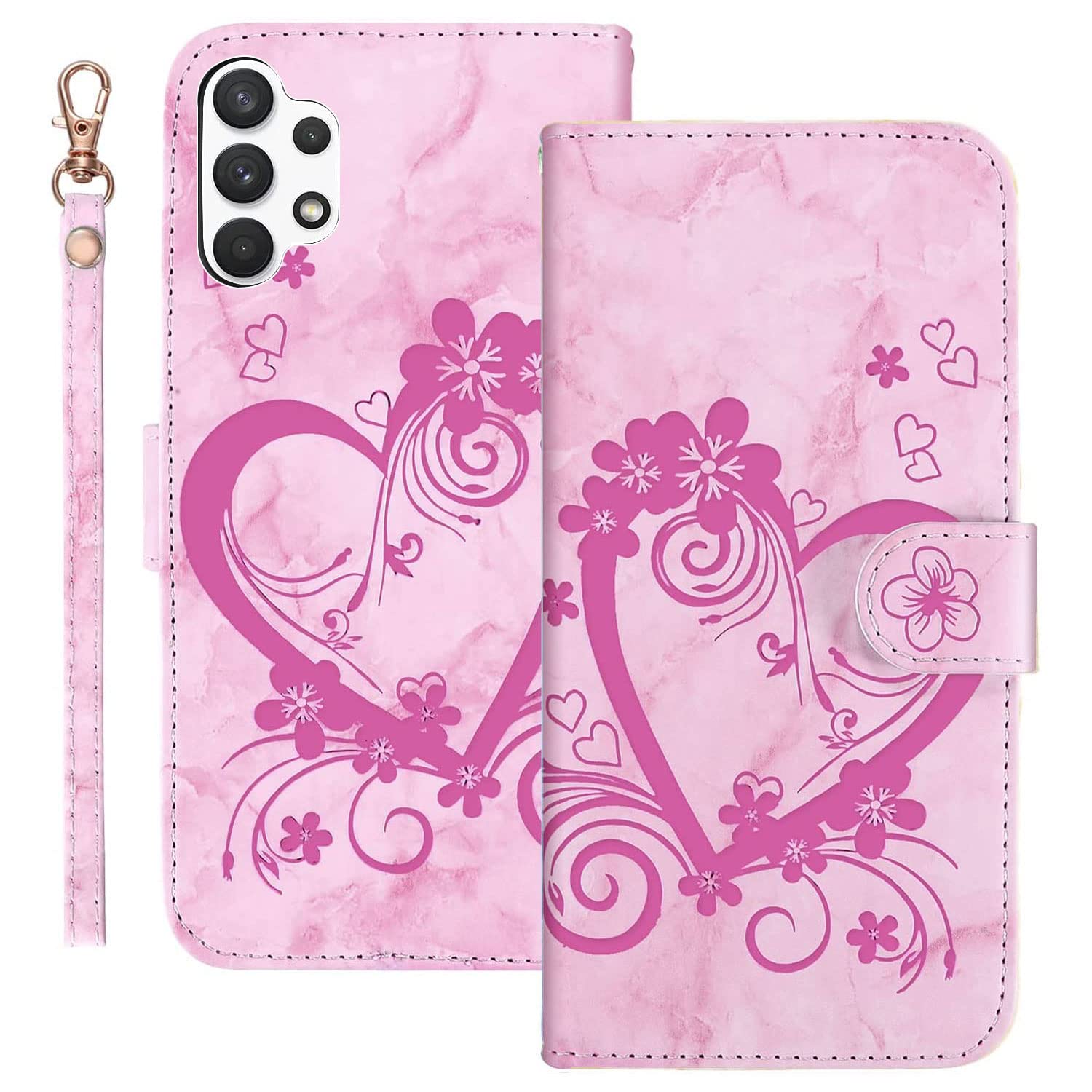 AilisiFlip Case for Samsung Galaxy A13(4G) SM-A135F (6.6 inch), Classic Love Heart Floral Pattern Marble PU Leather Wallet Phone Cover with Card Slots, Kickstand, Flower Magnetic Closure-Pink