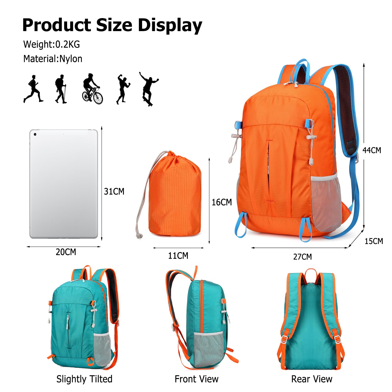 Zaino Pieghevole Zaino da Trekking Impermeabile Leggero Zaini Donna Uomo Backpack per Campeggio Viaggio Sport Arancione