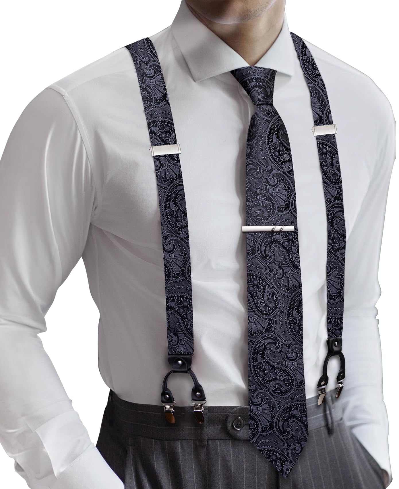 Barry.Wang Men Suspender Tie Sets Elastic Heavy 6 Clips Hanky Cufflink 5PCS | Classic Suspender Set for Man Necktie Y Type Adjustable Heavy Duty 6 Clips Braces Pocket Square Cufflinks Party
