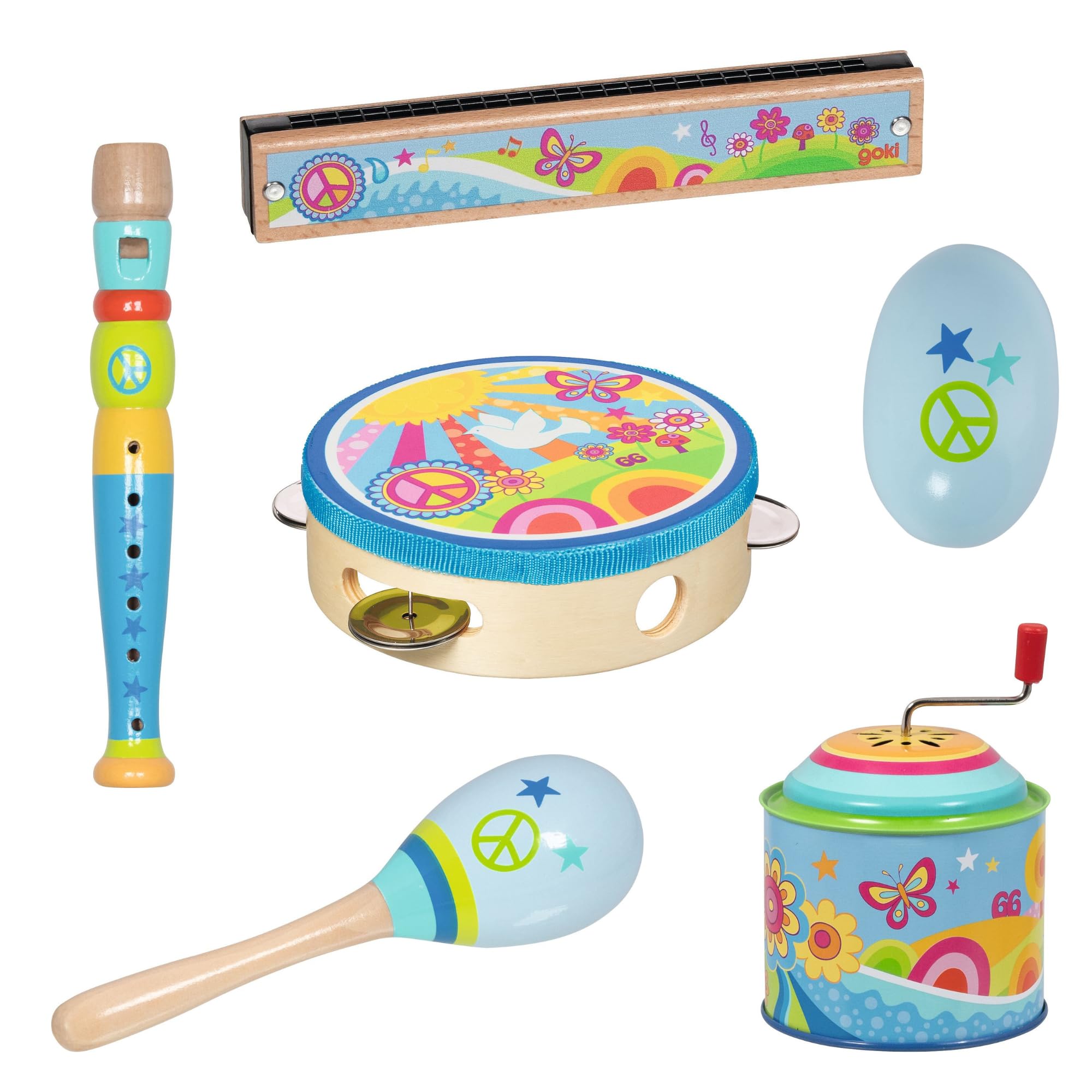 goki 6639 - Musikset blau mit 6 Teilen, Einsteiger Musikinstrumente Spieldose, Mundharmonika, Tamburin, Blockflöte, Maracas, Egg Shaker, buntes goki66 Design, musikalisch Förderung ab 3 Jahre