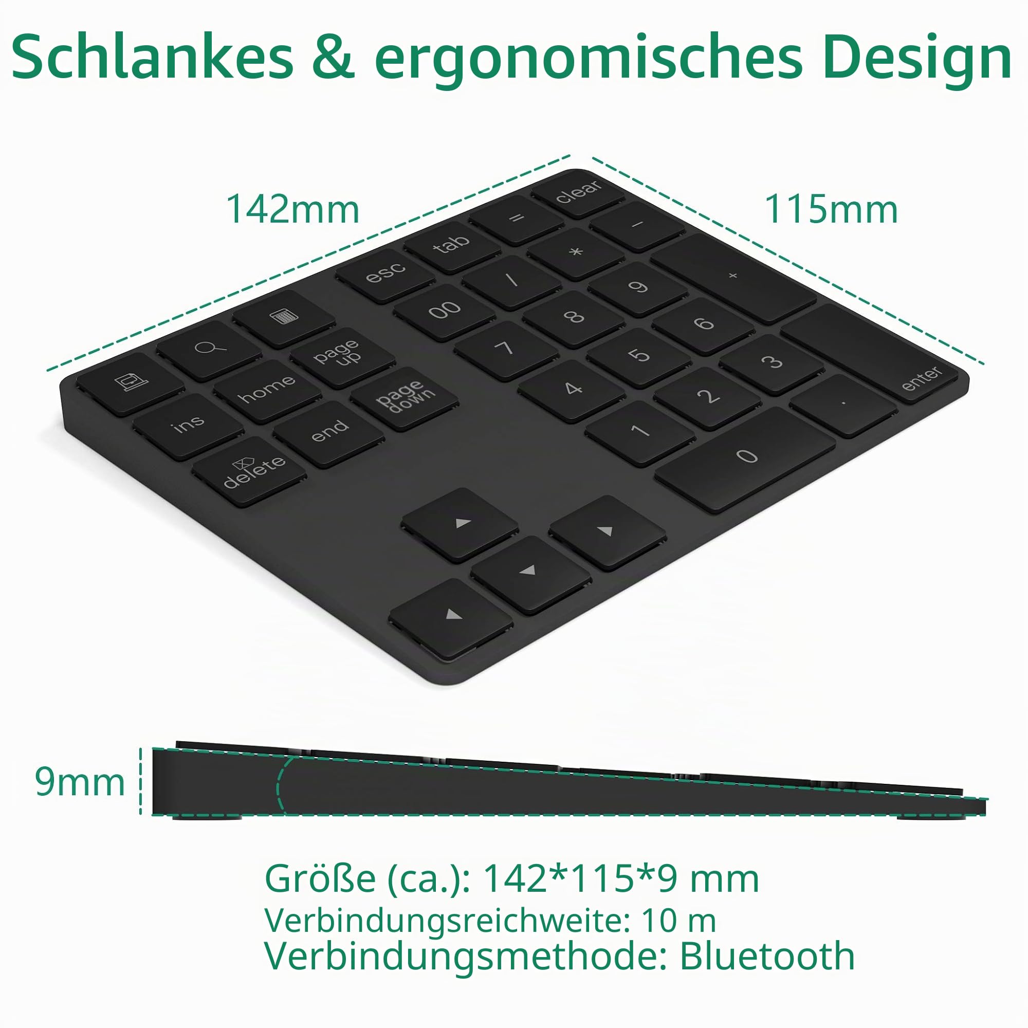 Bluetooth Ziffernblock 34-Tasten kabellos Bluetooth Numpad wiederaufladbar Tastatur Numerische Tastatur für Computer Laptop Tablet Phone Pad Kompatibel mit Windows Surface Pro