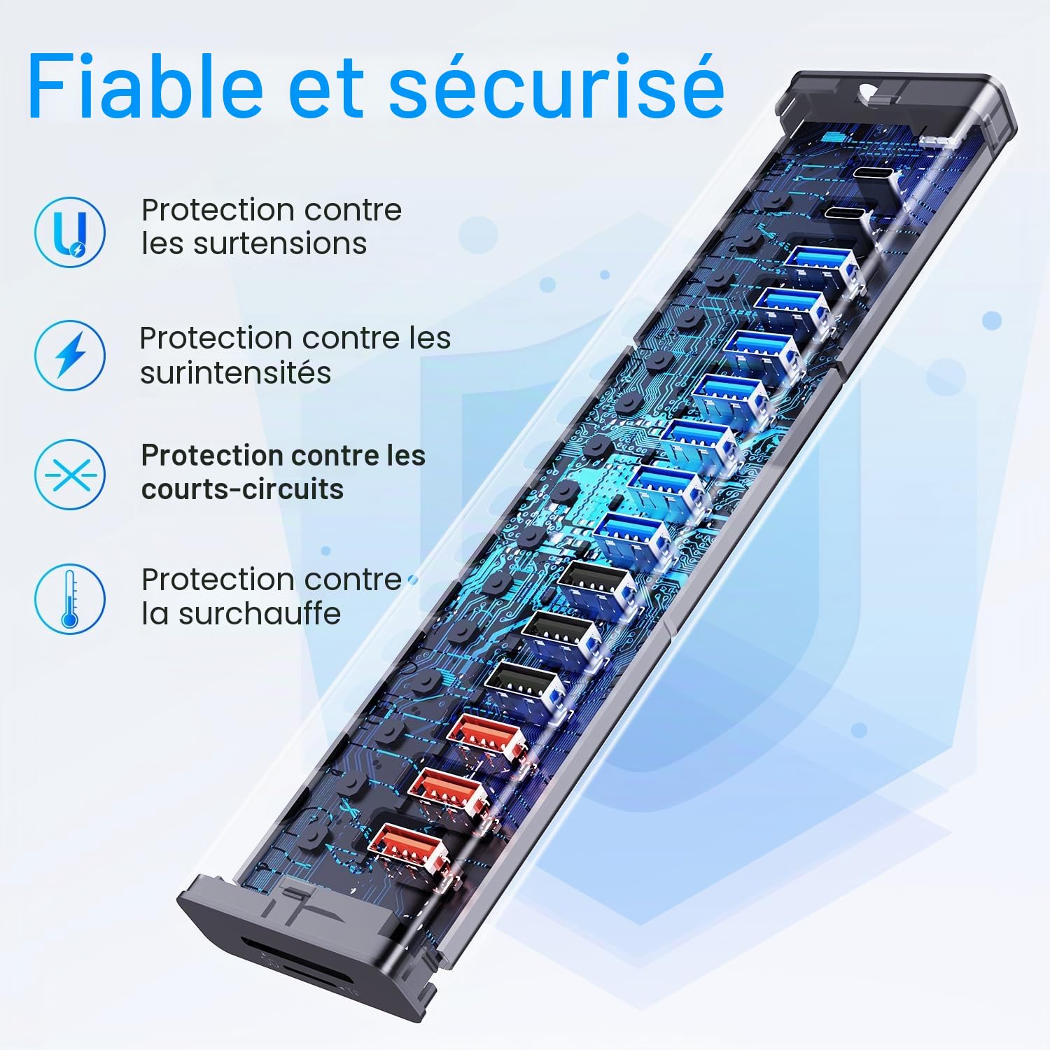 VANGREE Hub USB Alimenté 10Gbps, 17 Ports USB 3.2, Adaptateur 96W | 10x USB-A 3.2, 3x QC 24W Charge Rapide, 2x USB-C 3.2, SD/TF, Adaptateur 12V/8A pour PC Portable, PC, HDD, Clé USB