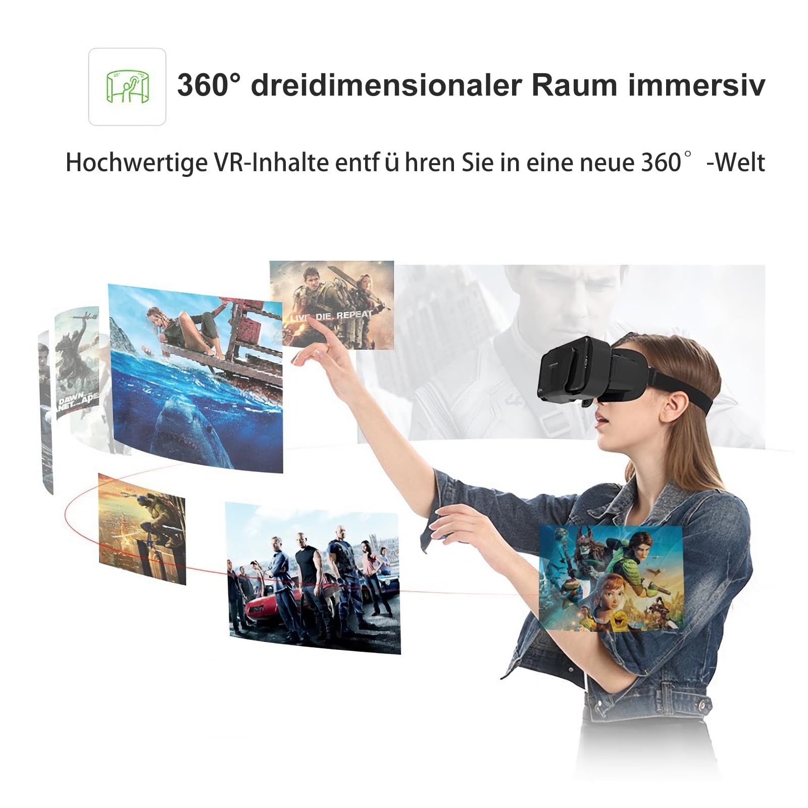 VR Occhiali Telefono cellulare Reality Virtual Reality con telecomando, occhiali 3D VR Sperimenta giochi e film a 360 gradi in vetro morbido e confortevole per telefono Android 5~7 inc