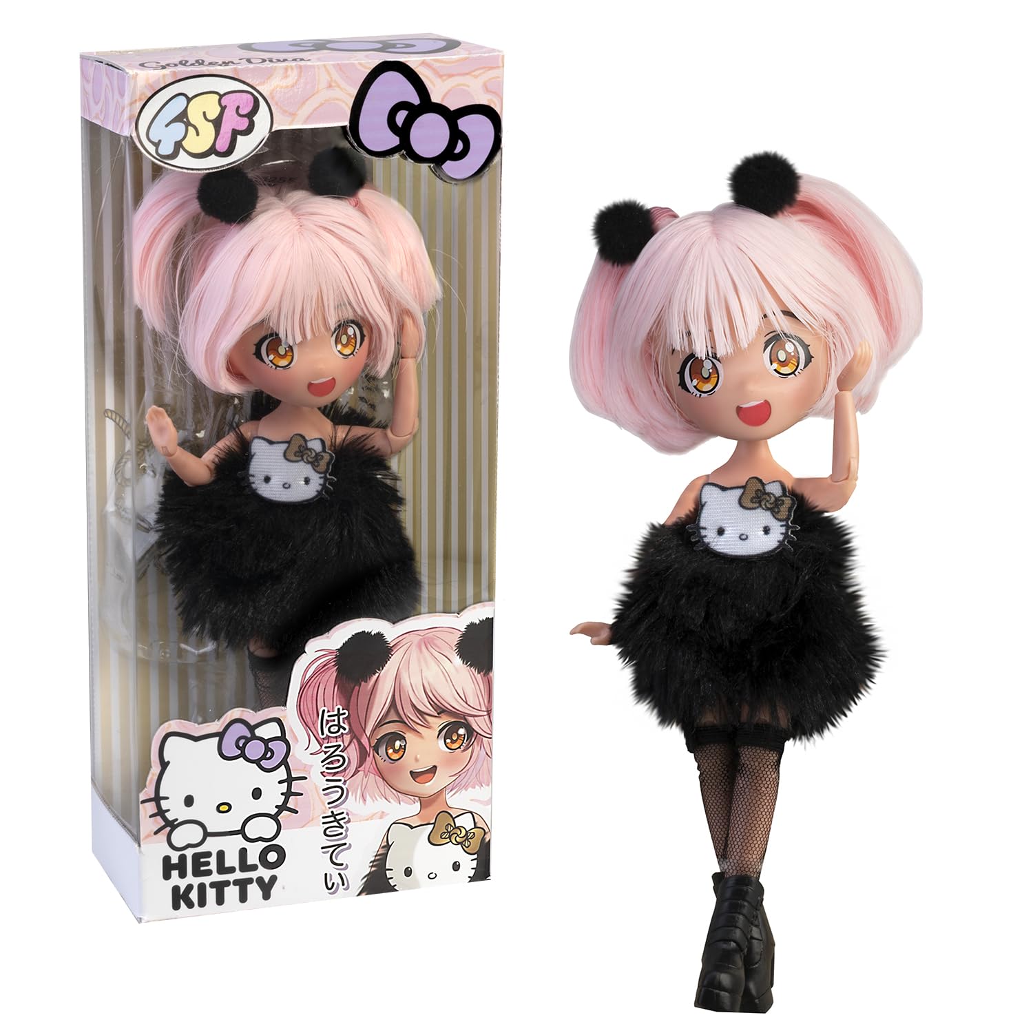 Hello Kitty Manga Doll Golden Diva, Japanese Fashion Doll with Fashion Looks Manga, 19.5cm Figure with 15 Points of Articulation, Pink Hair, Accessories Included, Famous (HKTF0200)