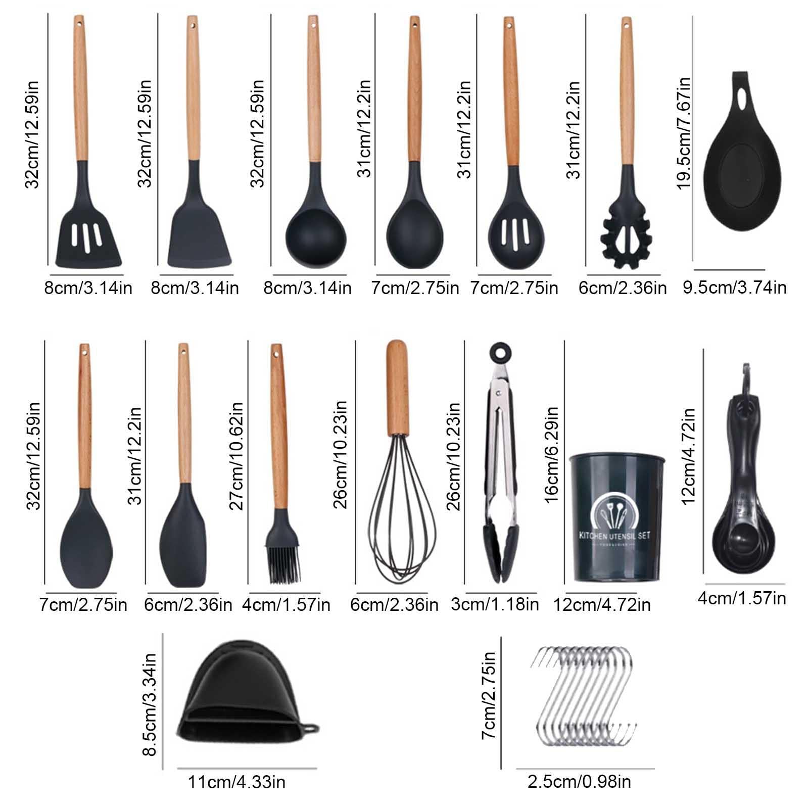 Cucina Silicone | Set da Cucina in Silicone con Manico in Legno | 30 pezzi, silicone antiaderente resistente al calore, set da cucina senza BPA