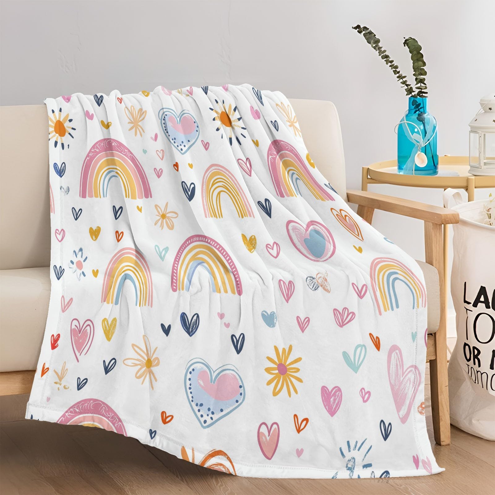 Manta de Forro Polar Rosa Azul Suave y esponjosa, Manta cálida para Cama Flores corazón arcoíris adorables para Dormitorio Sala de Estar Oficina 180 x 220 cm