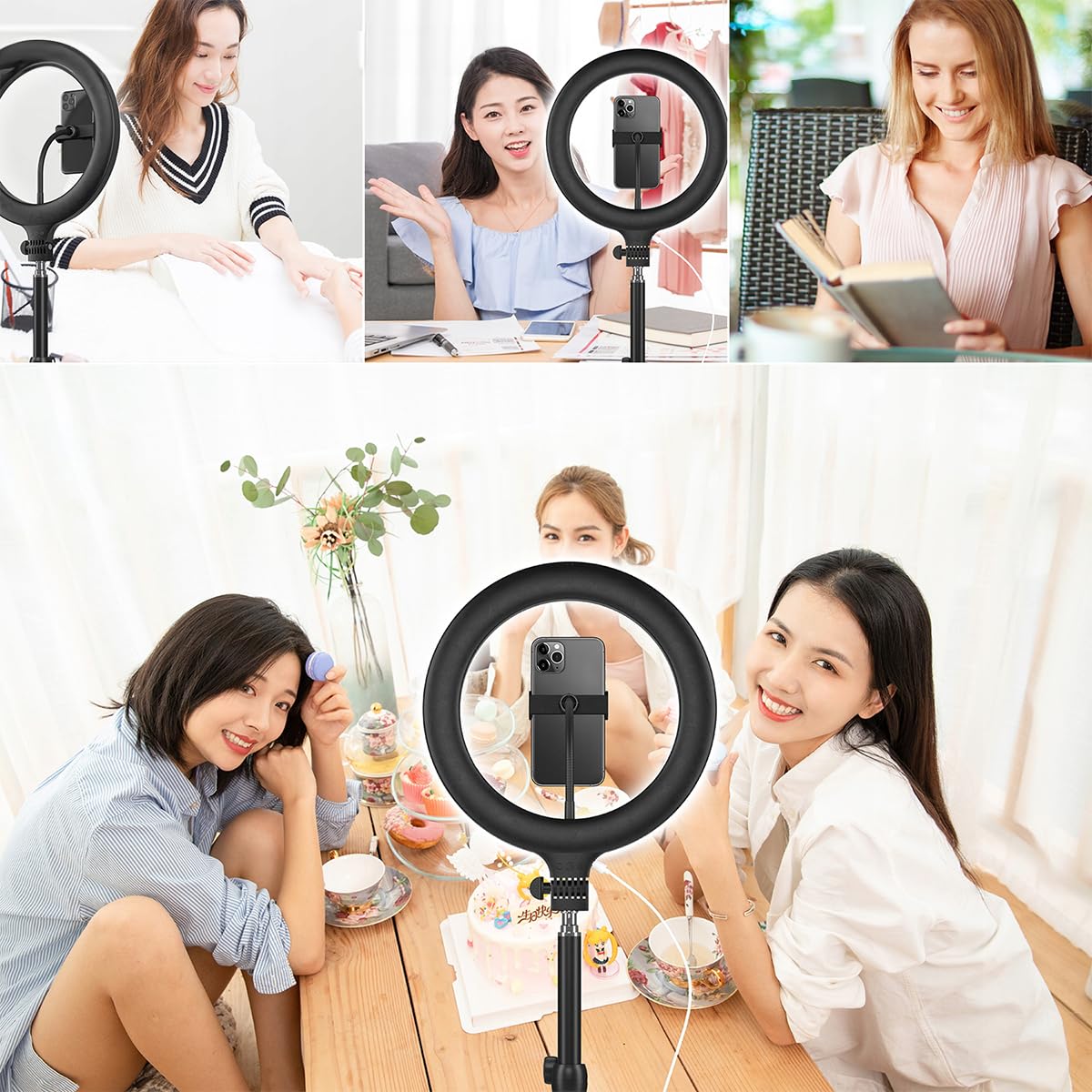 Lampa pierścieniowa LED ze statywem, 30 cm, 220 cm, pilot zdalnego sterowania, zasilanie USB, 3 tryby świecenia, 10 poziomów jasności, 80 W do makijażu, streamingu, selfie