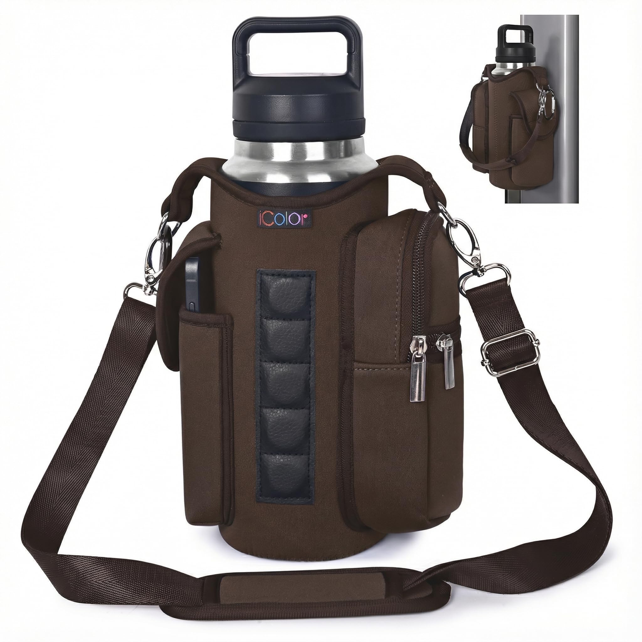 icolor Magnetic Gym Bag Water Bottle Carrier Holder with Strap & Phone Pockets, Diameter 3.9" Small Magnetic Bag 5 Built-in Magnets Gym Accessories Organizer Bottle Pouch Sling Cover (Neoprene, Brown)