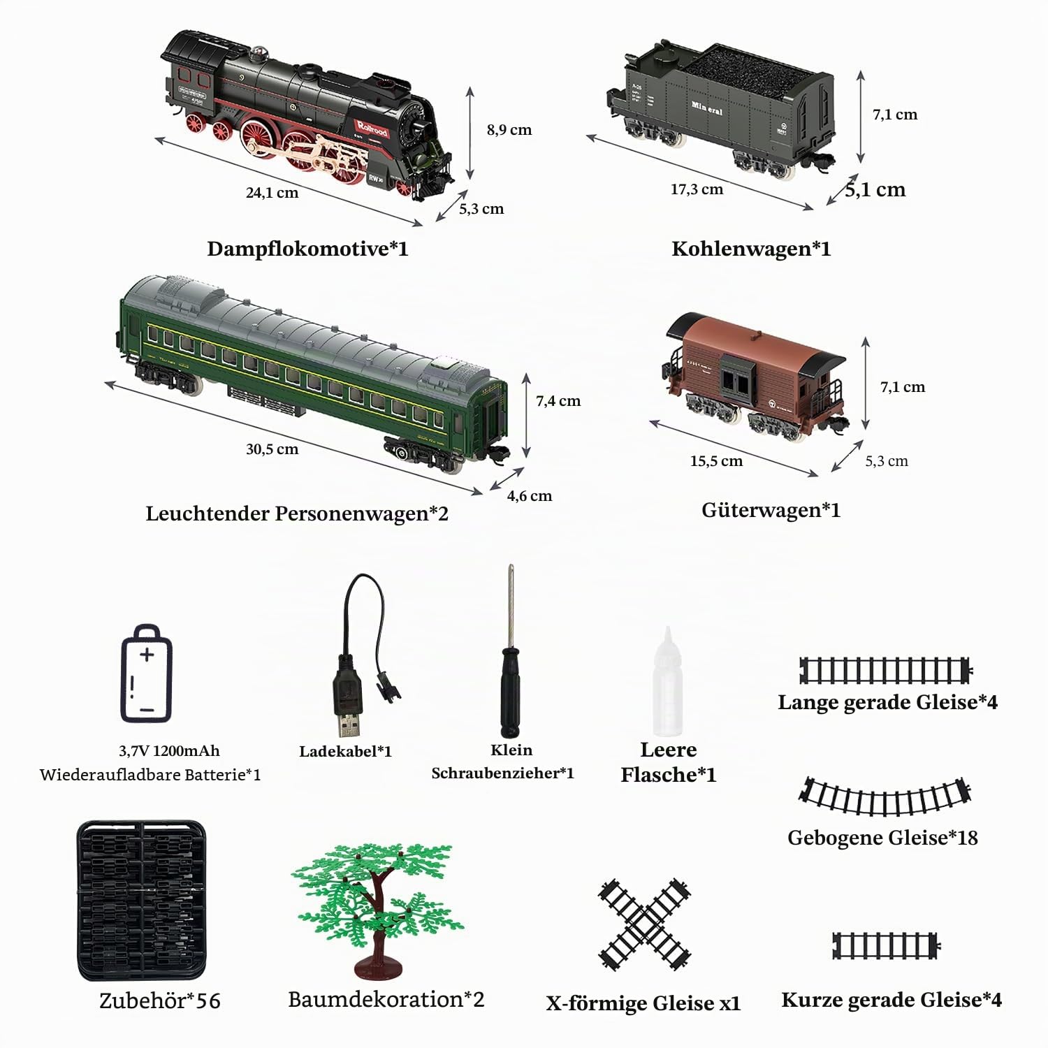 Eisenbahn Set für Kinder, Elektrische Eisenbahnspielzeuge mit Realistischen Lichtgeräuschen Rauch, Weihnachtszug Modell Geschenke, Dampflokomotive, Luxus-Schiene & 2 Leuchtende Personenwaggons