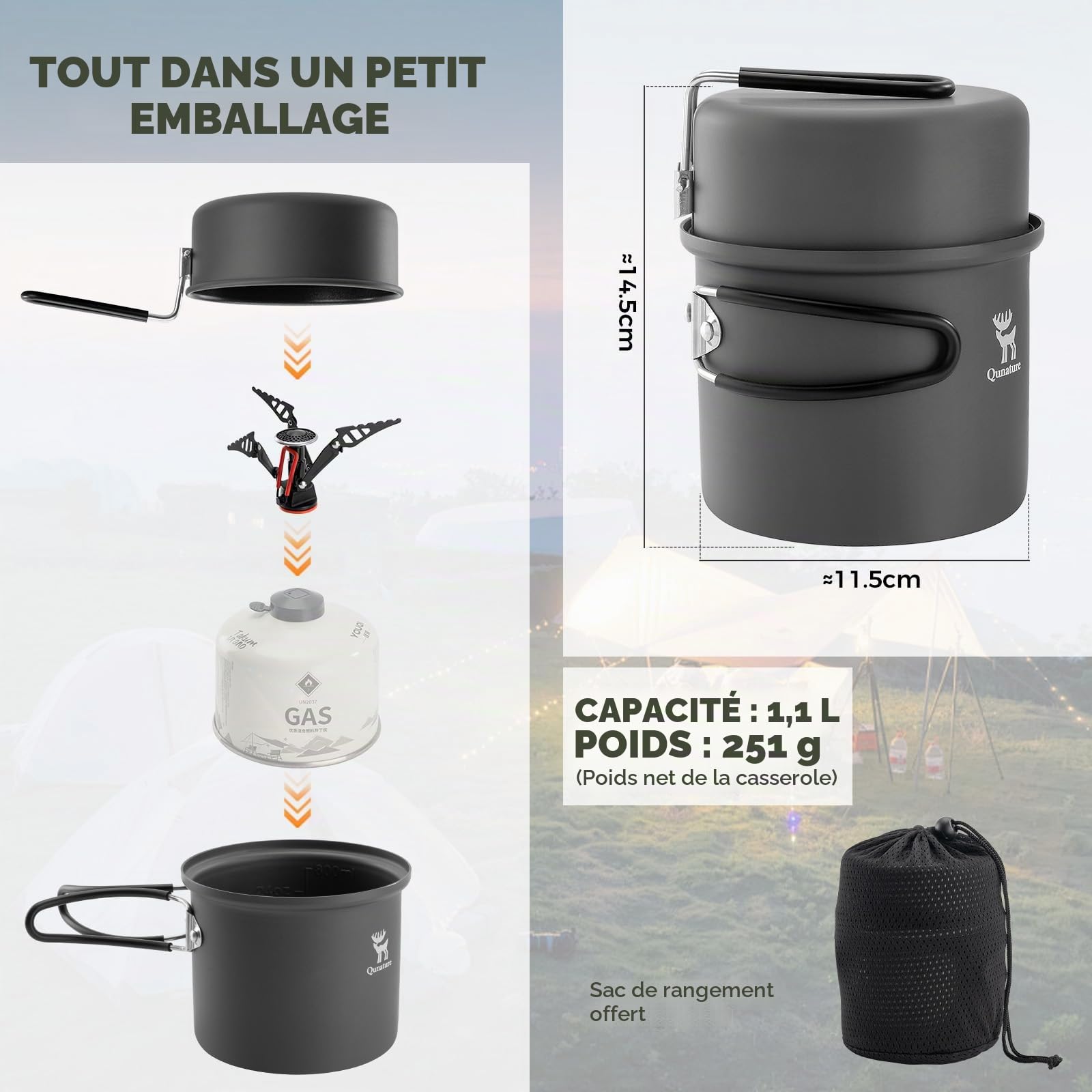 Réchaud Camping avec Casserole 1,1L | Set Cuisine Léger et Compact avec Poignée Repliable pour Cuisson Portable en Randonnée, Bivouac, Trekking et Bushcraft