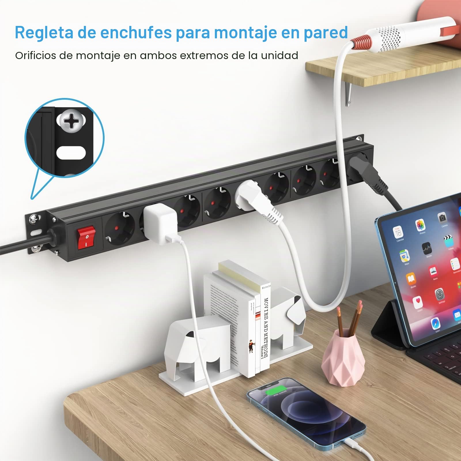 Regleta Enchufes con 9 Tomas, Enchufe Multiple, Regleta Enchufes con Interruptor, Regleta Eléctrica Rack de 19 Pulgadas, Cable de 2M, 3500W/16A para el hogar, Oficina y Viajes, Negro