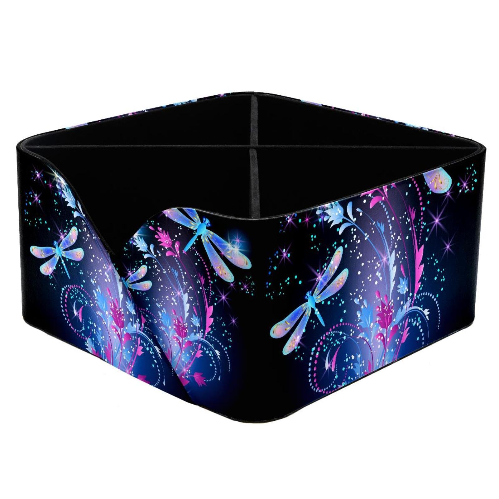 KengjuTesu Neon Dragonfly Rose Glowing Stars Desktop Organizer Pen Holder, Rectangular Pencil Cup for Office, Study and Makeup Stations