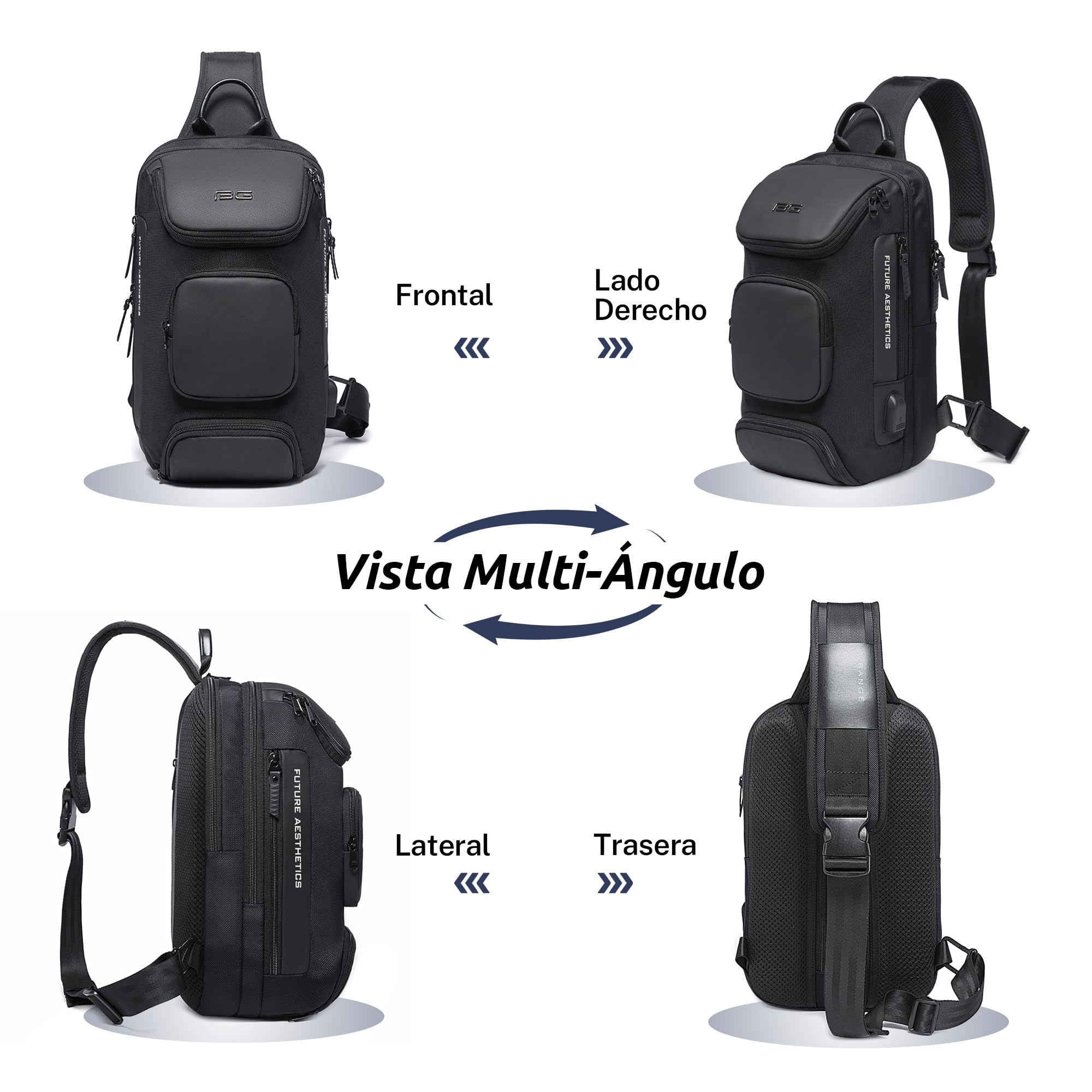 VARLIVOO Bolsos de Hombro para Hombre Bolsos Cruzados USB Port Sling Bag Bandolera Bolsa de Pecho Crossbody Bolsa Alta Capacidad Viajar Impermeable Poliéster Sling Backpack Negro