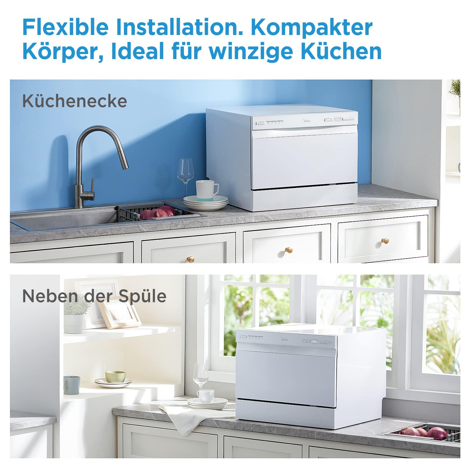Midea Mini Geschirrspüler 6 Maßgedecke Tischgeschirrspüler EEK D 47 dB | AutoOpen, Extra Trocknen, Enthärtungssystem, WLAN App-Steuerung, Startverzögerung, Spülmaschine für kleine Wohnungen & Büro