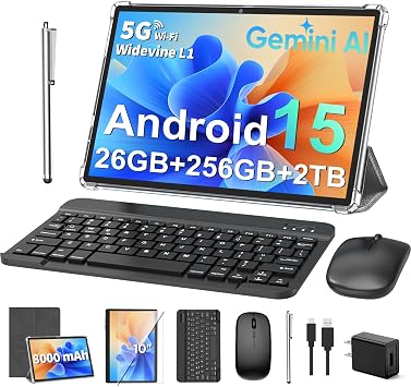 10 Inch Tablet with Keyboard, Android 15 Tablet with Gemini AI Silver