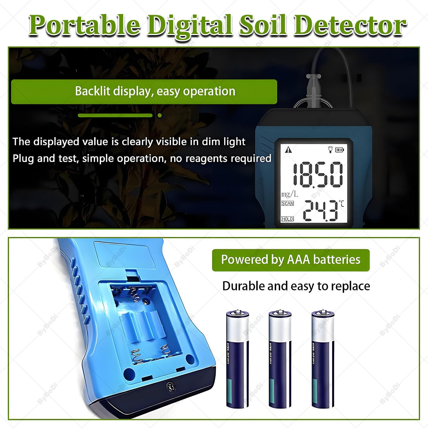 Misuratore di pH del suolo, tester 7 in 1 del suolo con sensore di umidità e temperatura, kit di test da giardino LCD retroilluminato per prato, fattoria, piante da interno ed esterno
