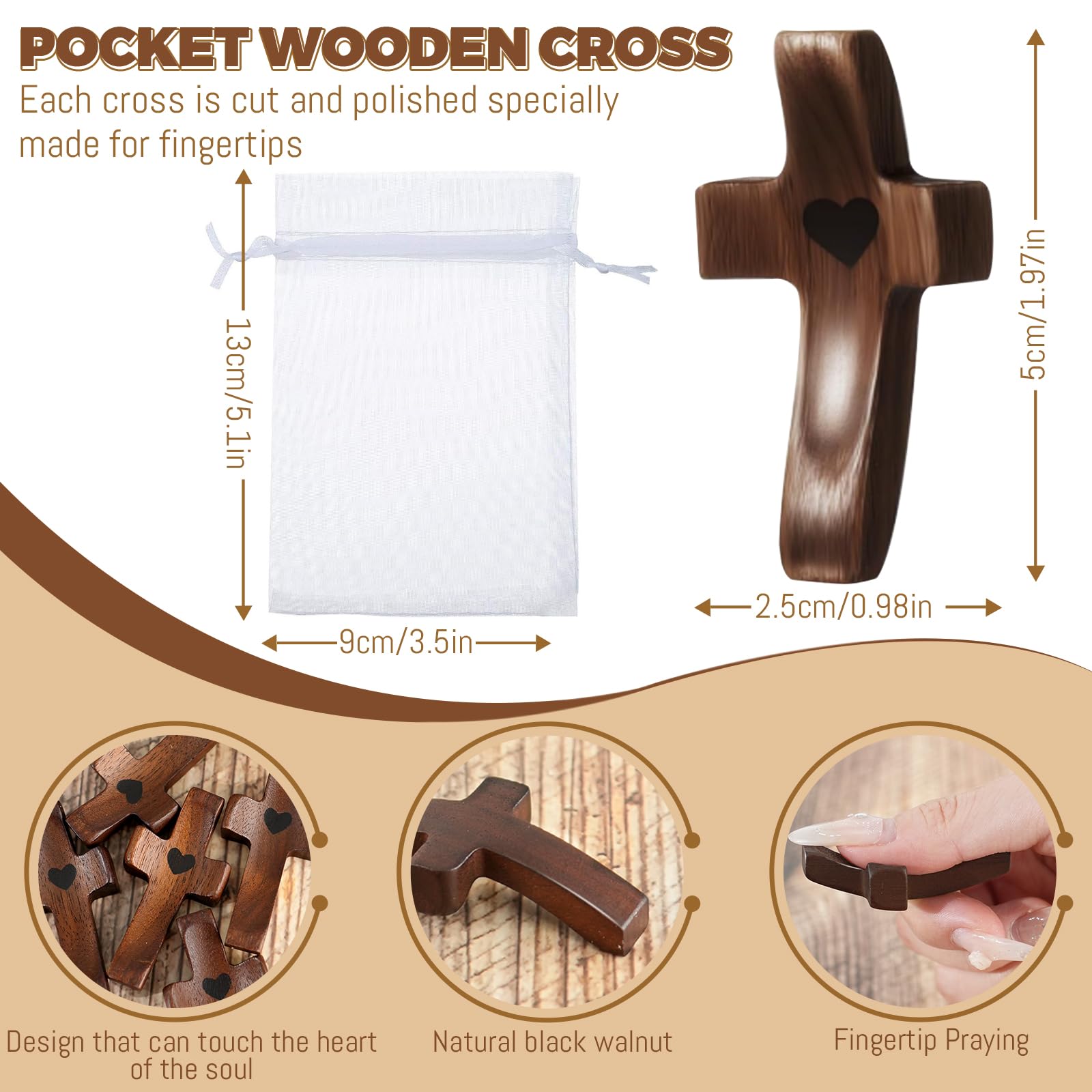 5PCS Cross My Heart Encouragement Gift Wooden Pocket Crossess Handheld Wooden Cross Clinging and Praying, Fingertip Stress Relief Religious Gifts