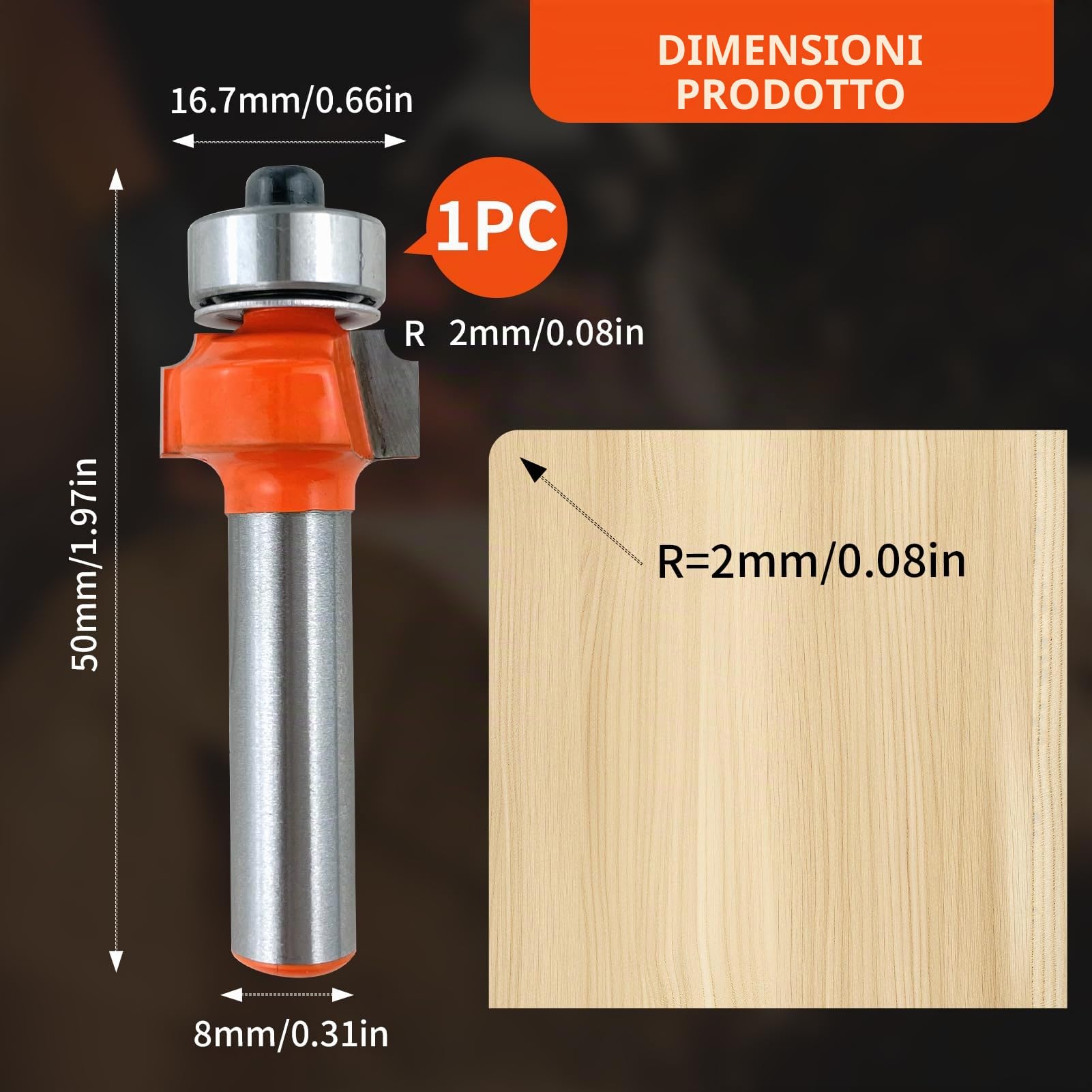 Fresa arrotondata da 8 mm, raggio di 2 mm, fresa rotonda standard, con cuscinetto a sfera, lama in metallo duro K10, per la lavorazione del legno, fai da te, per la fresa a a casa