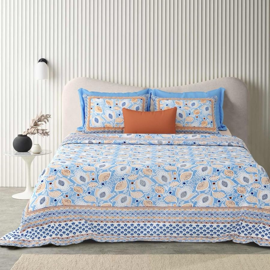 Image of Urban Jaipur 100% Cotton Bedsheet for Double Bed (90 x 108 Inches) | 210 TC King Size Bed Sheet for Double Bed with 2 Pillow Covers | Pure Cotton Jaipuri Bedsheet (Blue, Brown)