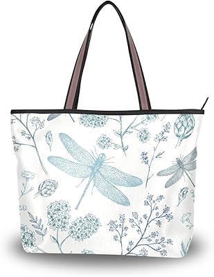 Shoulder Bag Large Beach Travel Tote Bag Blue Dragonfly Printed Handbags with Handle Top Zipper Closure