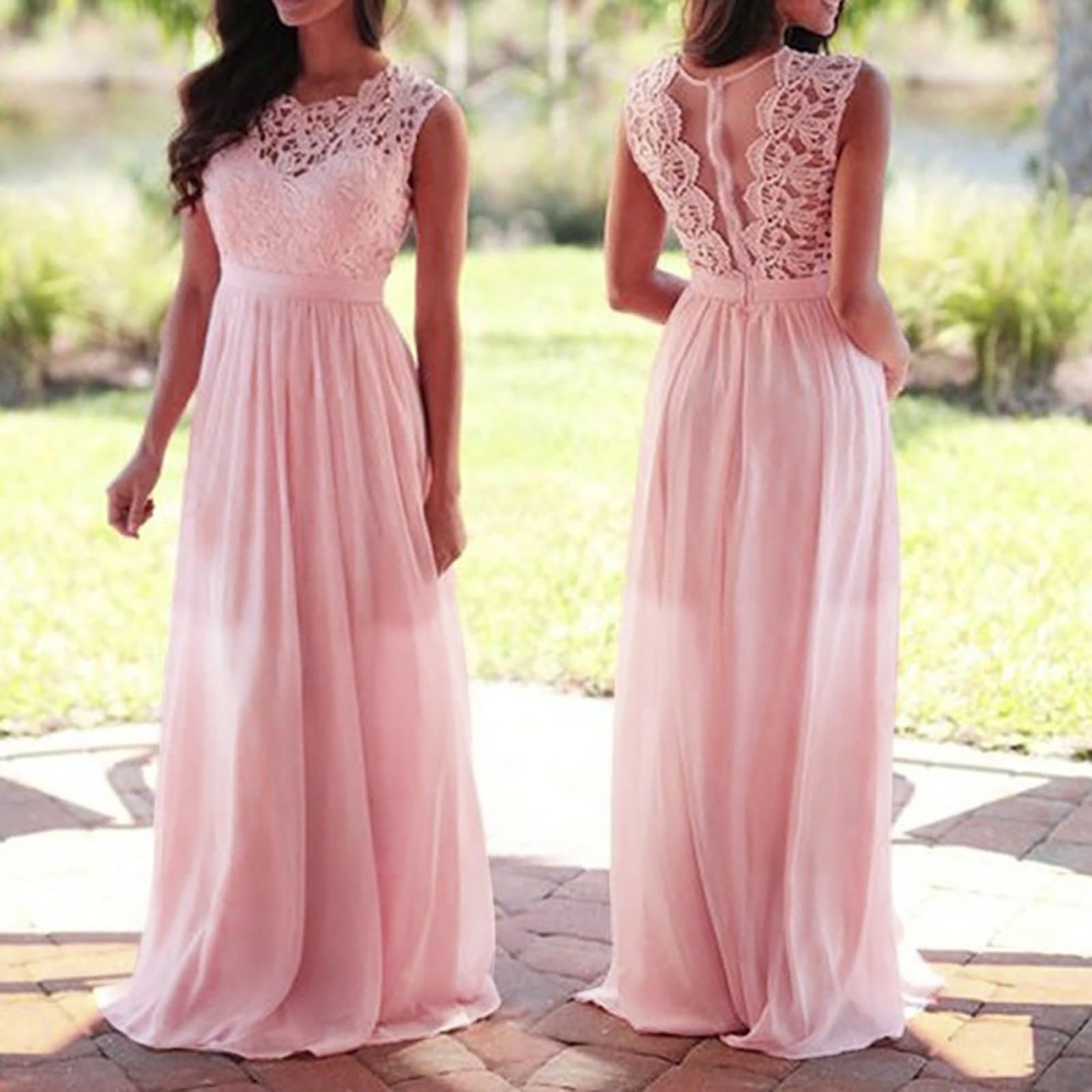 Abendkleid Lang Damen Elegant für Hochzeit Spitzen Rundhals ärmellos A Linie Chiffon Festlich Kleid Lange Ballkleider Brautjungfernkleider Cocktailkleid Spitzenkleid