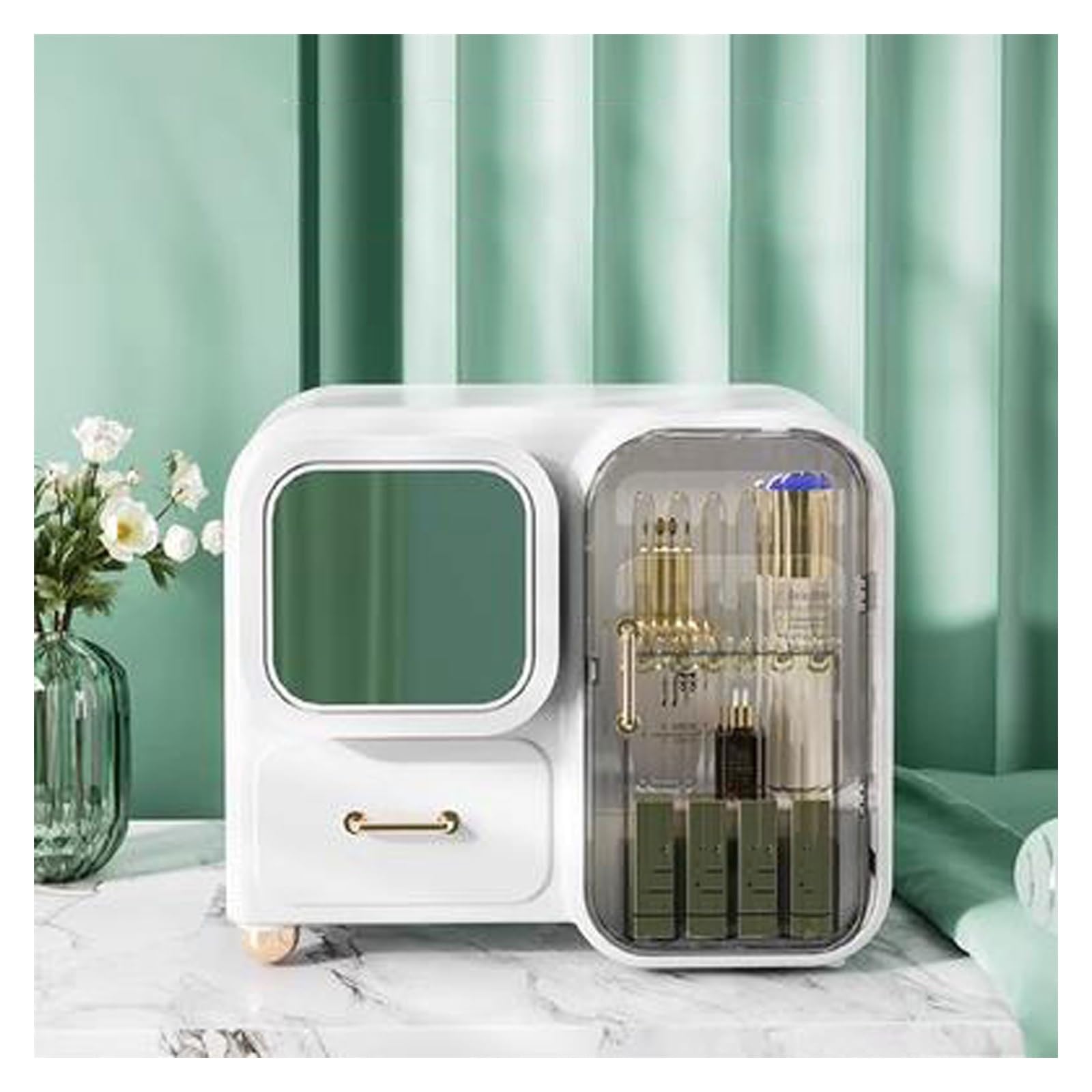 Makeup Organizer Storage Box with Mirror, Skincare Cosmetic Large, Tidy for Perfume, jewelery, Brush, Vanity Desk, Dresser, Bedroom, Office, Bathroom Cosmetic Storage Box(White(without LED))