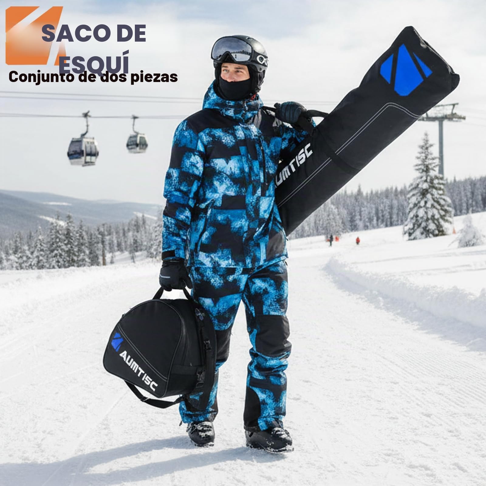 AUMTISC Bolsas para Kit de esquí Combo de Bolsa para Botas y Acolchado para 1 par de Botas de esquí Bolsa de esquí de Longitud Ajustable hasta 200 cm
