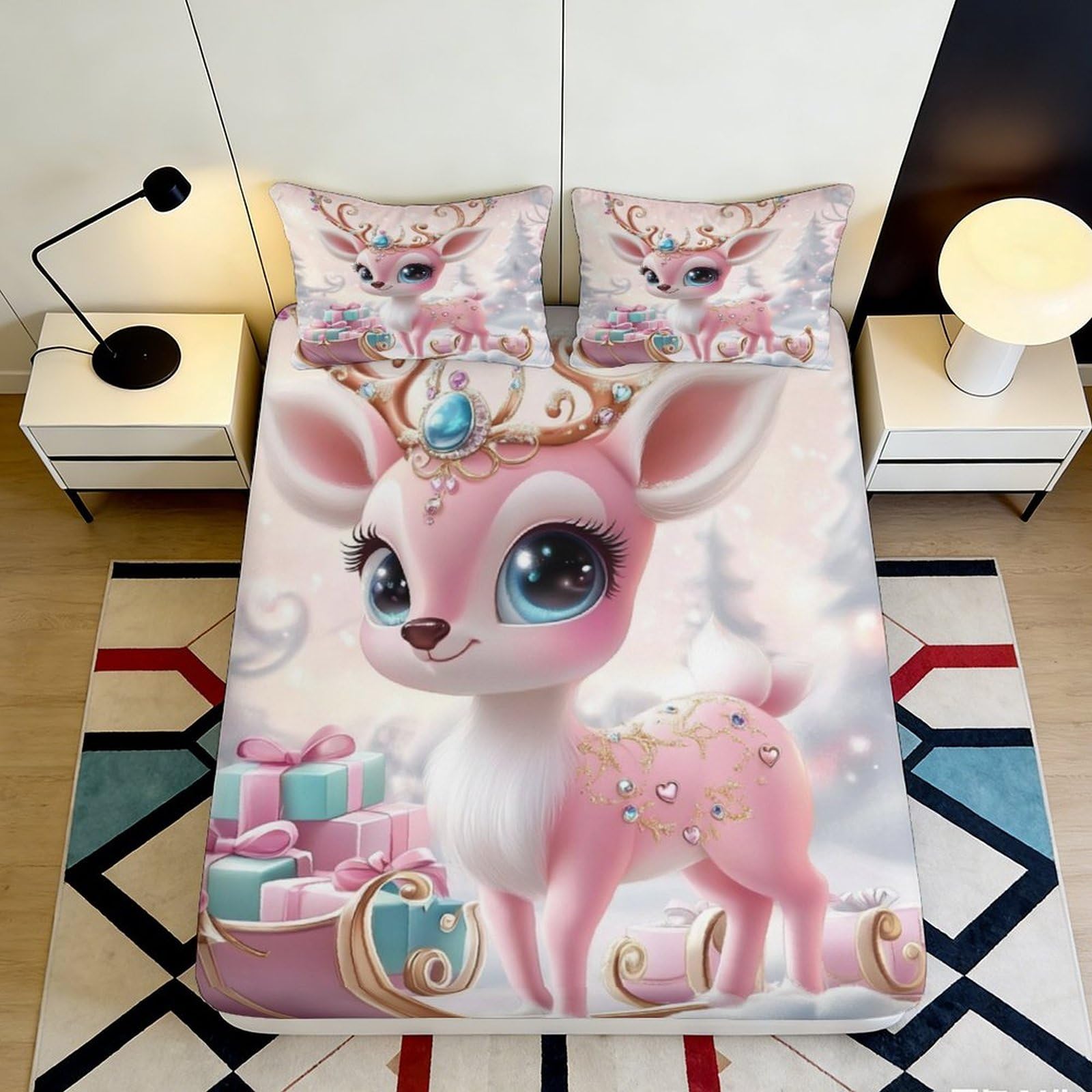 3D Printed Cartoon Deer Fitted Sheet Microfiber Deep Pocket Non-Slip Elastic Hem Cartoon Deer Mattress Fitted Cover 140x200x25cm