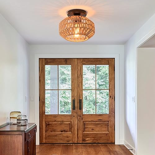 Miniatura 4 de Paquete de 2 lámparas de casa de campo para montaje en techo, mini lámpara de techo de ratán bohemio semiempotrada, lámparas tejidas a mano para