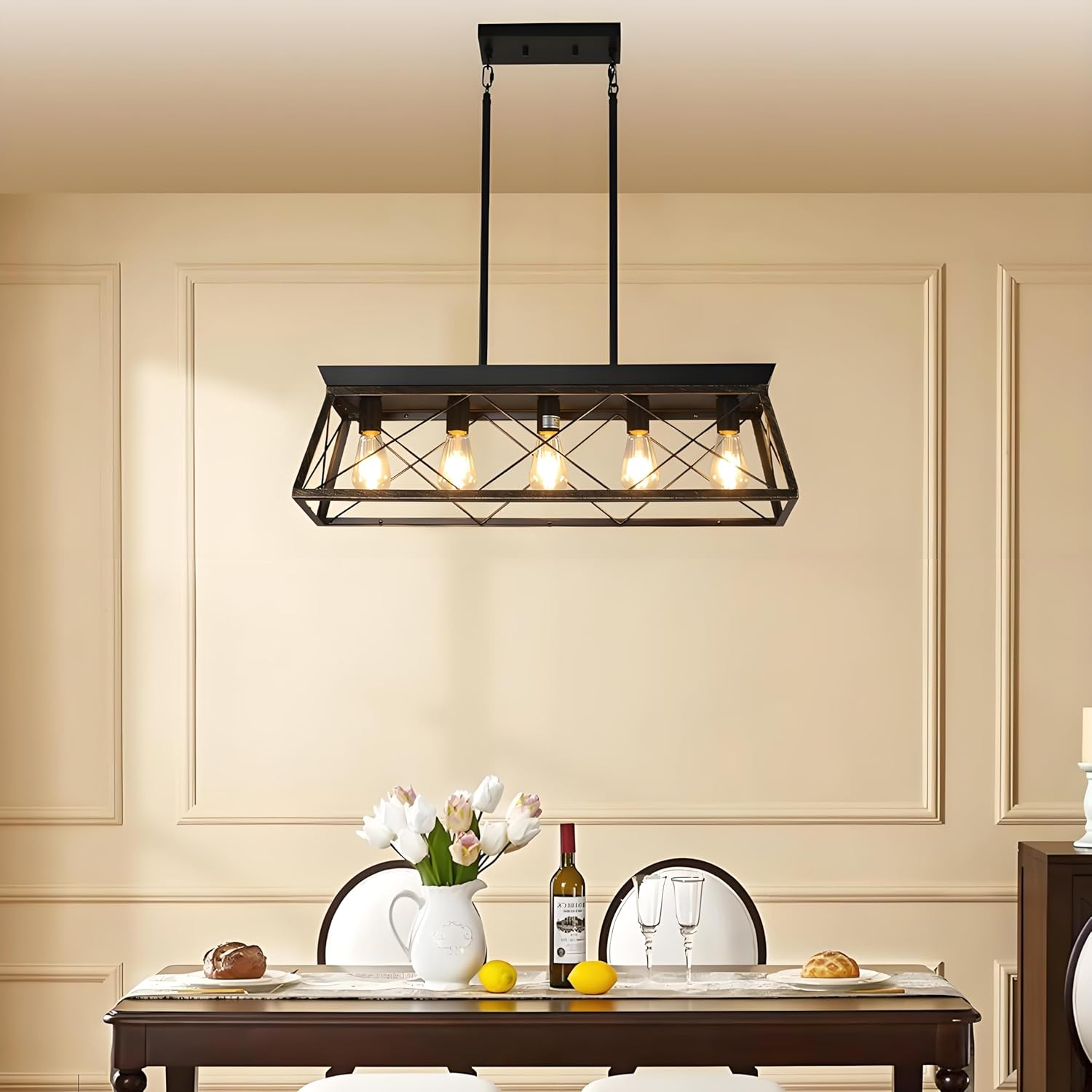 32" Farmhouse Dining Room Light Fixture,5-Light Pendant Lights Kitchen Island with Industrial Modern Metal Cage,Black Farmhouse Chandelier for Dining Room,Living Room (Gold+Black, 31.5" L*10.2" W)