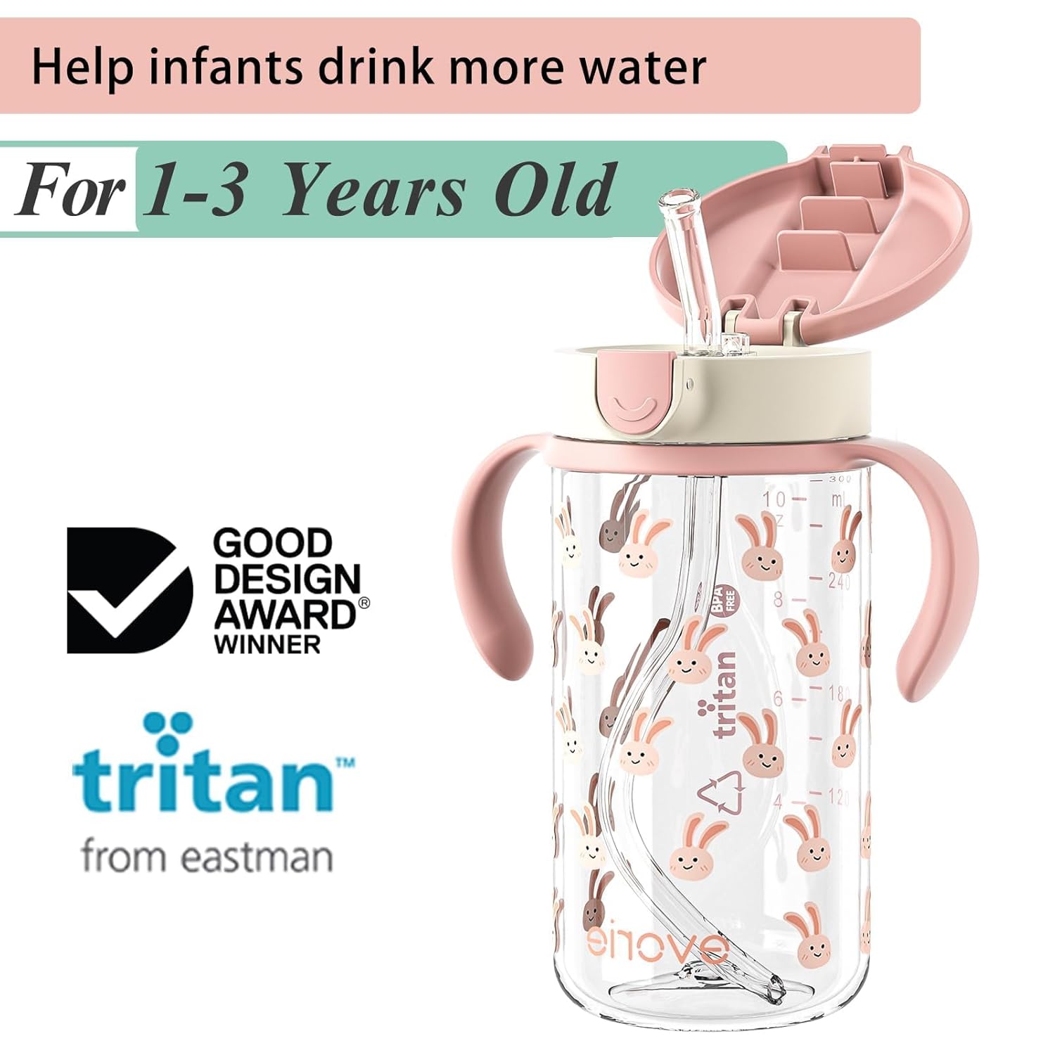 Evorie Tritan Spill Proof Toddler Straw Sippy Cup, 10 oz for Baby and Toddlers 1-3 Years Old, No Spill Straw Water Bottle with Removable Handles, Ideal for School, BPA-Free, Pink Rabbit - Image 2