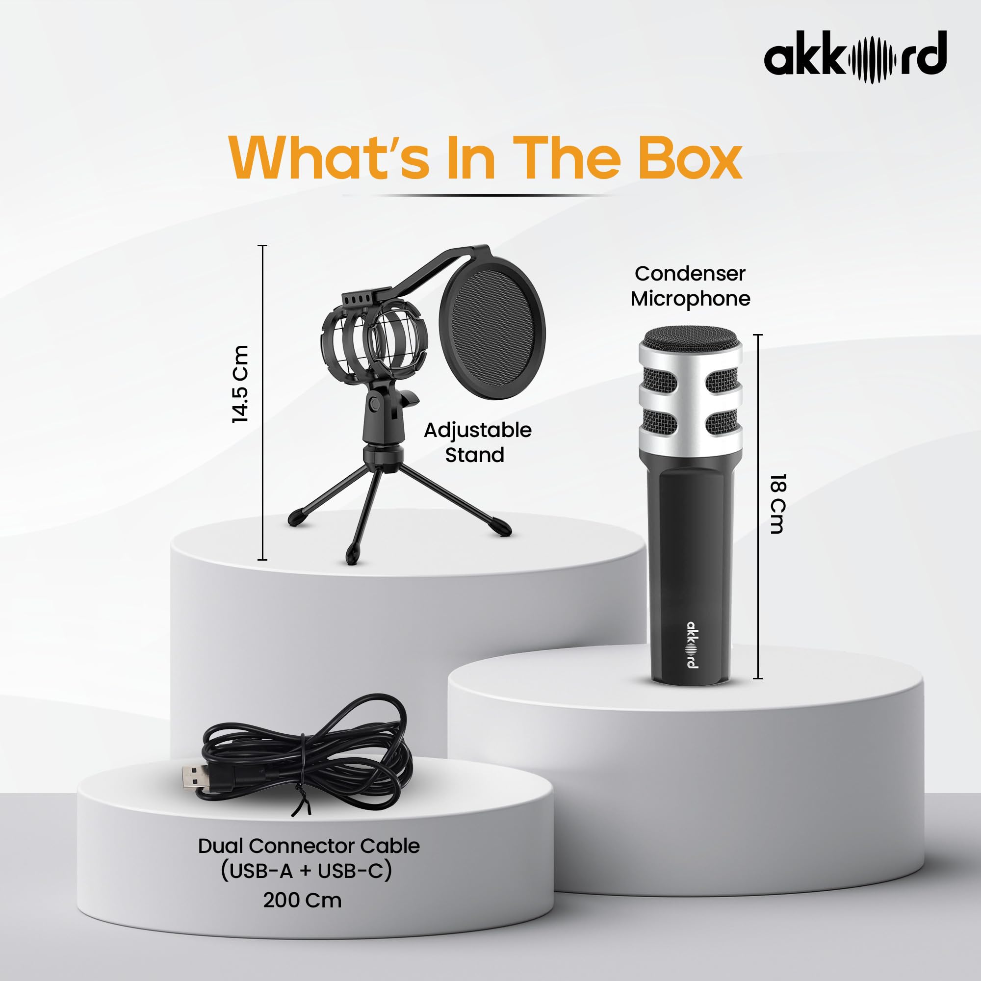 AKKORD Mikrofon USB ze statywem – kardioidalny mikrofon pojemnościowy 192 kHz/24 bit, membrana 9,7 mm, Plug & Play, do podcastów, przesyłania strumieniowego, nagrywania głosu, gier - do komputerów PC