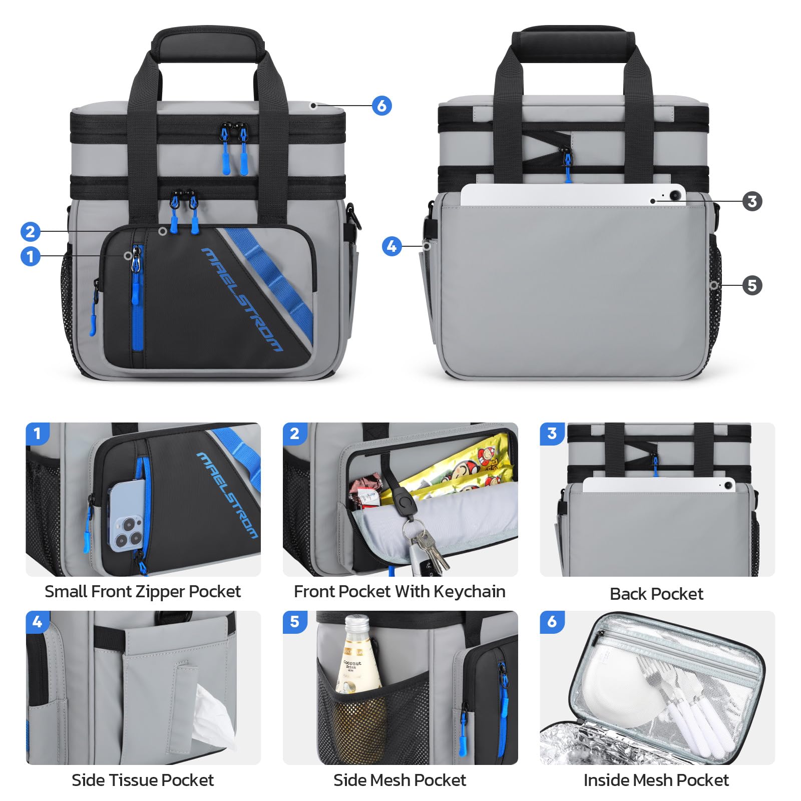 Maelstrom 20L Kühltasche, isolierte Lunch Tasche mit 2 Fächern | Erweiterbar, hält 16 Std. kalt, auslaufsicher, mehrere Taschen, leicht zu tragen, ideal für Arbeit, Reisen, Strand, Camping