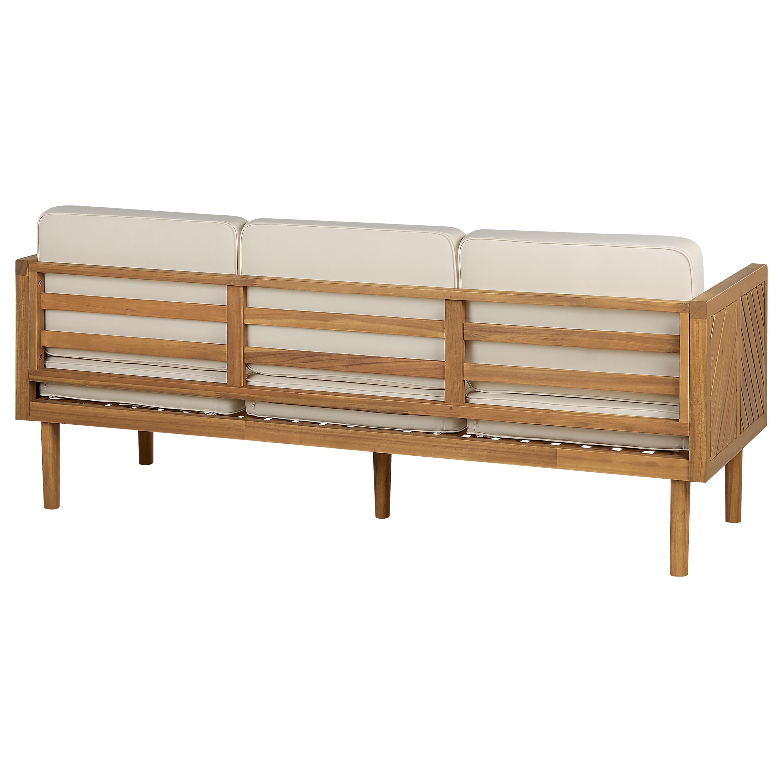 Beliani Canapé de Jardin Beige Clair en Bois d'Acacia 3 Places avec Coussin Taie Déhoussable Baratti
