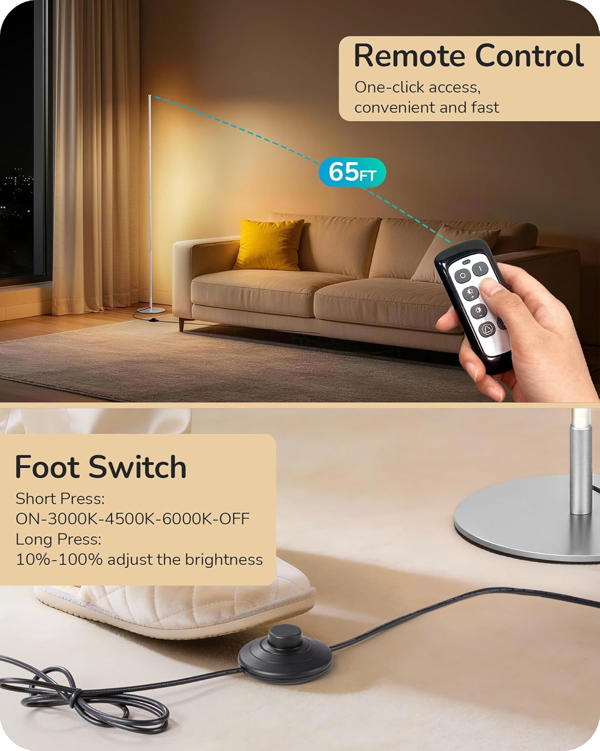 EDISHINE Dimmable Floor Lamp, 59.8" Standing Lamp with 3 Height Settings, Adjustable Color Temperature, Remote Control, Foot Switch, Slim Floor Lamps for Living Room, Sliver