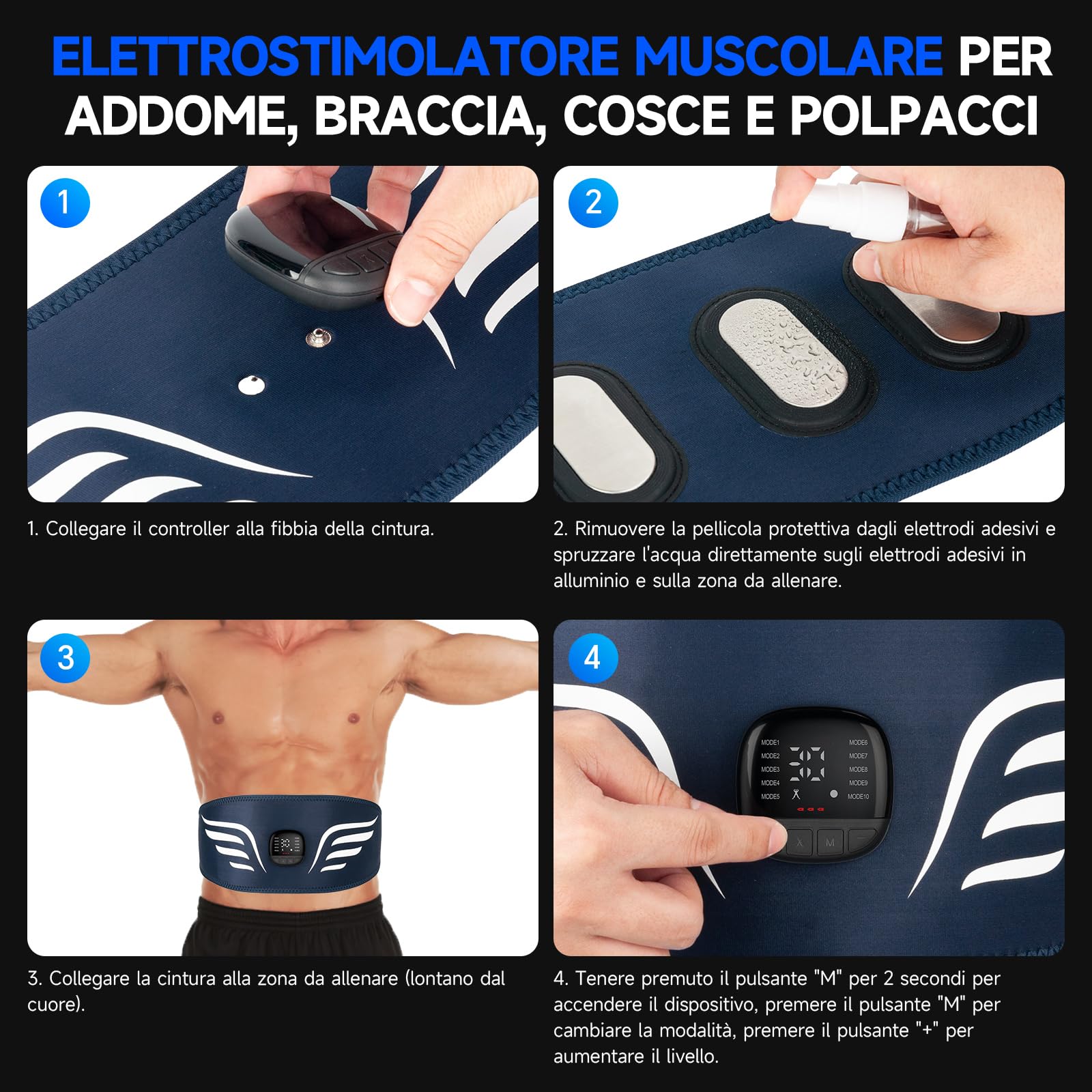 Profey Elettrostimolatore Muscolare EMS, Elettrostimolatore Addominali con 10 modalità E 30 Intensità, EMS Addominali Stimolatore per Braccio Gambe Uomo Donna, Elettrodi in Alluminio