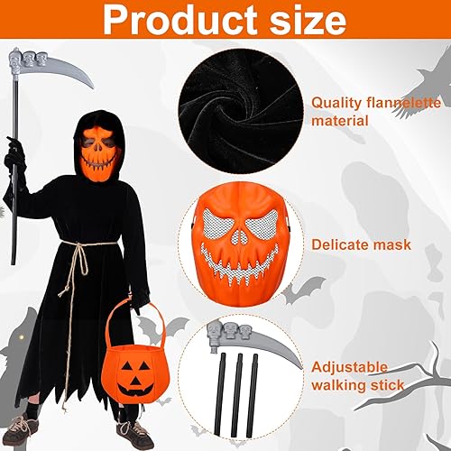 Miniatura 3 de Toulite Disfraz de calabaza de espantapájaros de Halloween, juego de disfraz de calabaza parca de calabaza, máscara de calabaza, bolsa de dulces