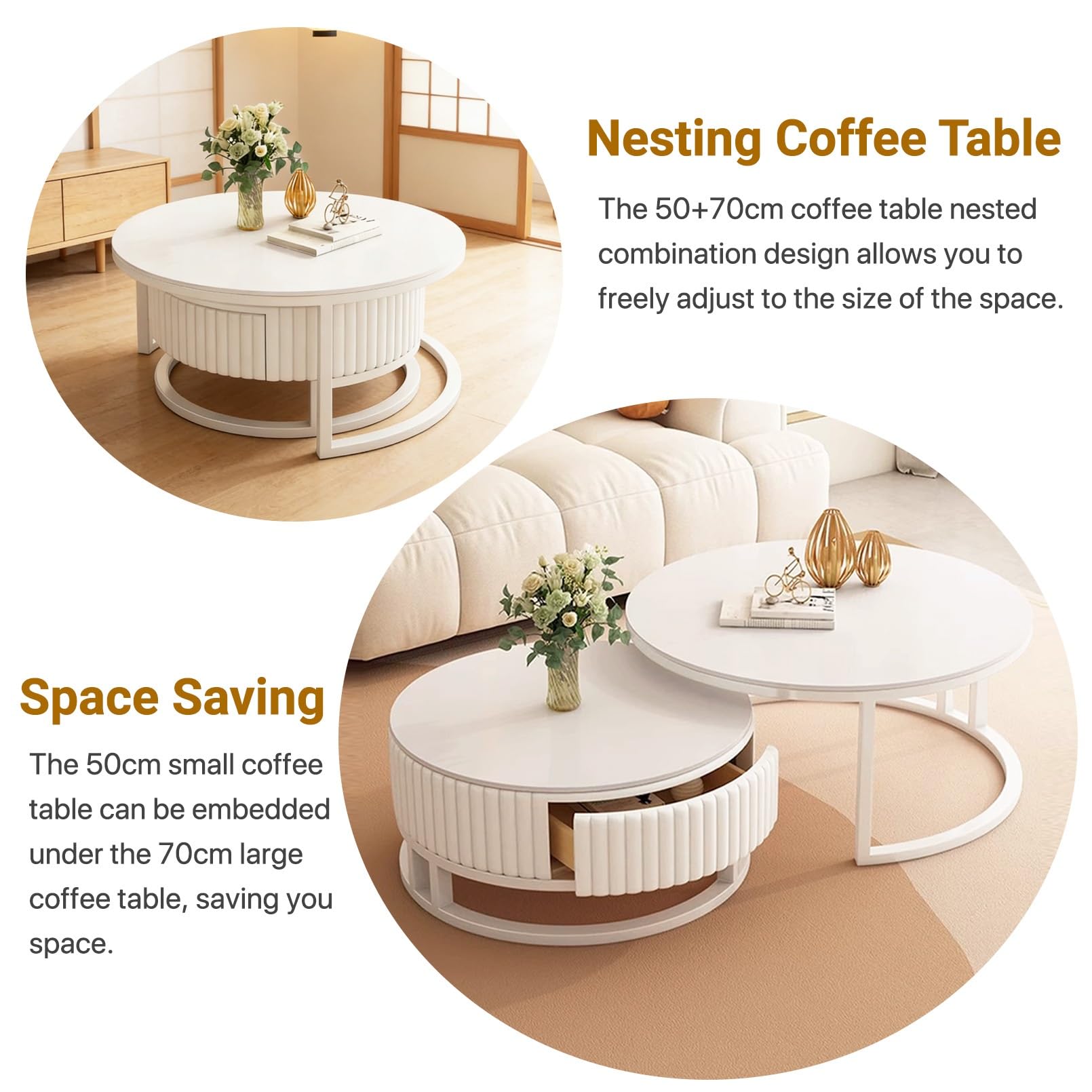 Redonda Mesa De Centro Salón Blanca Mesa Cafe Juego De 2 Mármol Mesita Auxiliar Salón con Cajon 50+70cm Mesas Nido para Salon Dormitorio Oficina con Estructura De Metal Fácil De Montar