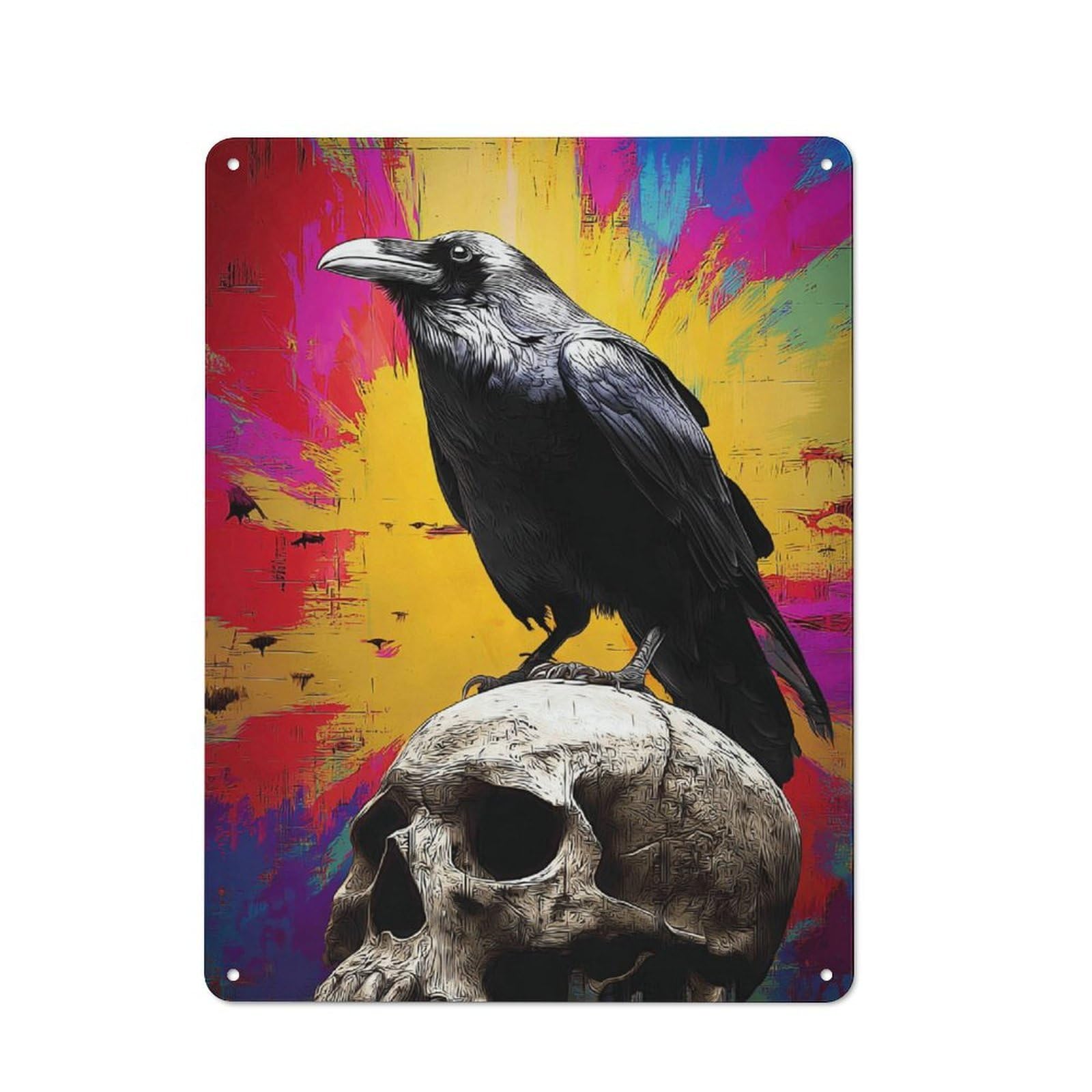 Metal Wall Sign 40x30cm Featuring Crow Perched on Skull Against Vibrant Background for Living Room Wall, for Metal Sign Collectors, for Garage And Workshop Walls