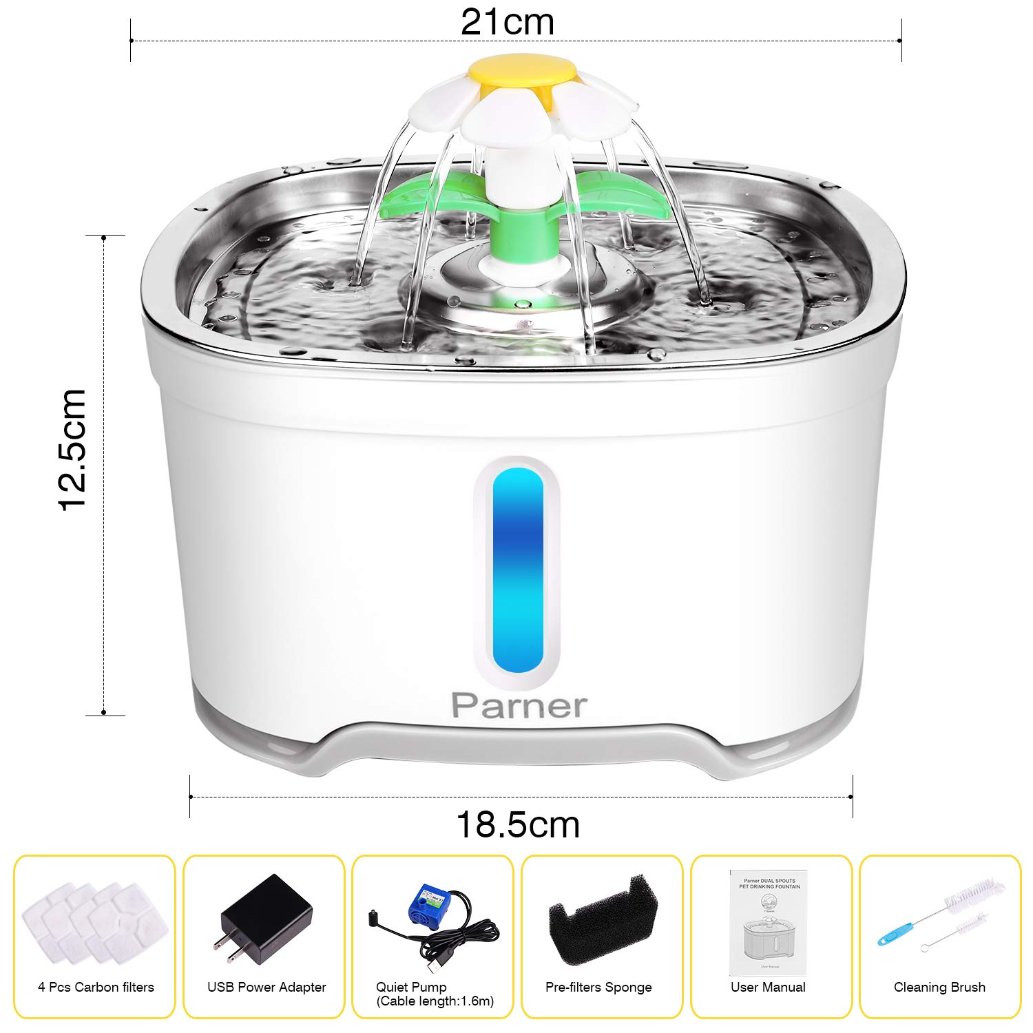 Cat Water Dispenser, Parner Stainless Steel Pet Fountain Flower 2.5L Auto Cat Fountain, Quiet Cat Drinking Fountain with 4 Filters & 1 Silicone Mat & 2 Cleaning Brushes for Cat, Dog, Bird, Other Pets - image 5
