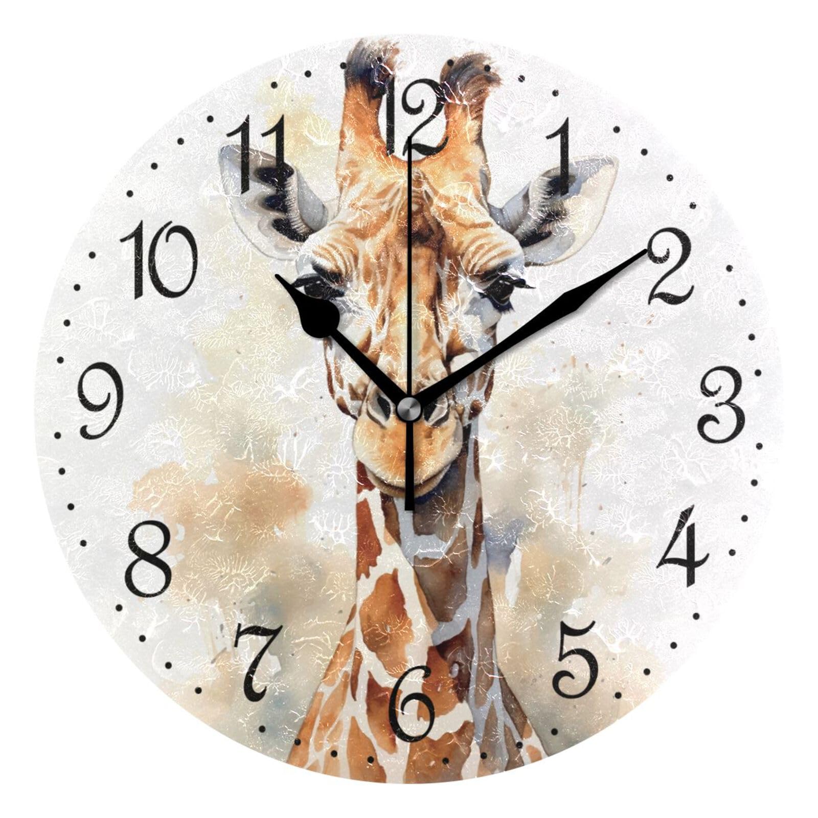 Mnsruu Wall Clock Giraffe Watercolor Sketch, Silent Non-Ticking Decorative Wall Clocks Battery Operated 25x25cm