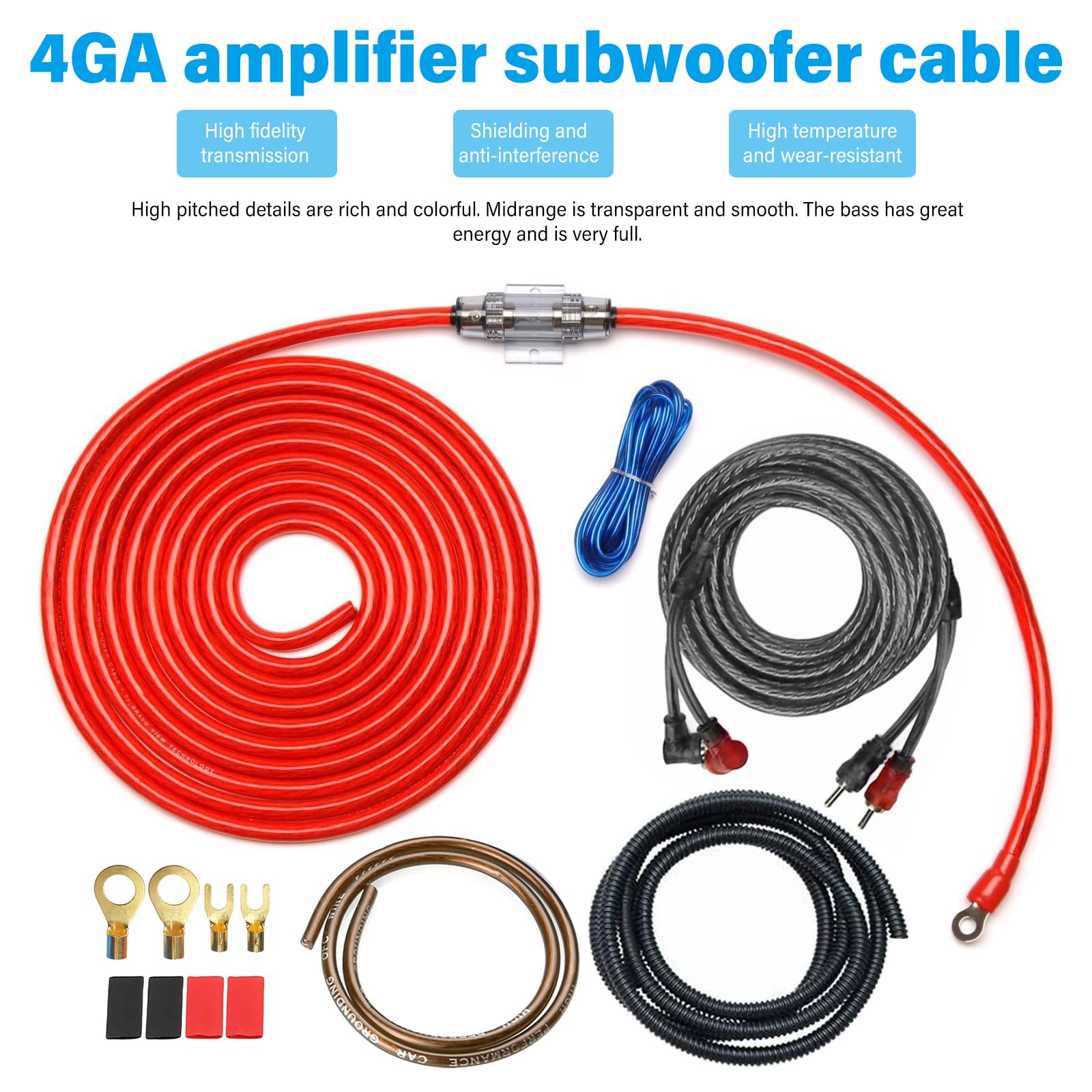 PORFOYO 4GA, set di cavi amplificatori per auto, 5 metri, set di cavi per amplificazione di uscita, cavo per subwoofer, cavo audio per auto con cavo RCA, portafusibili, capicorda forcella per